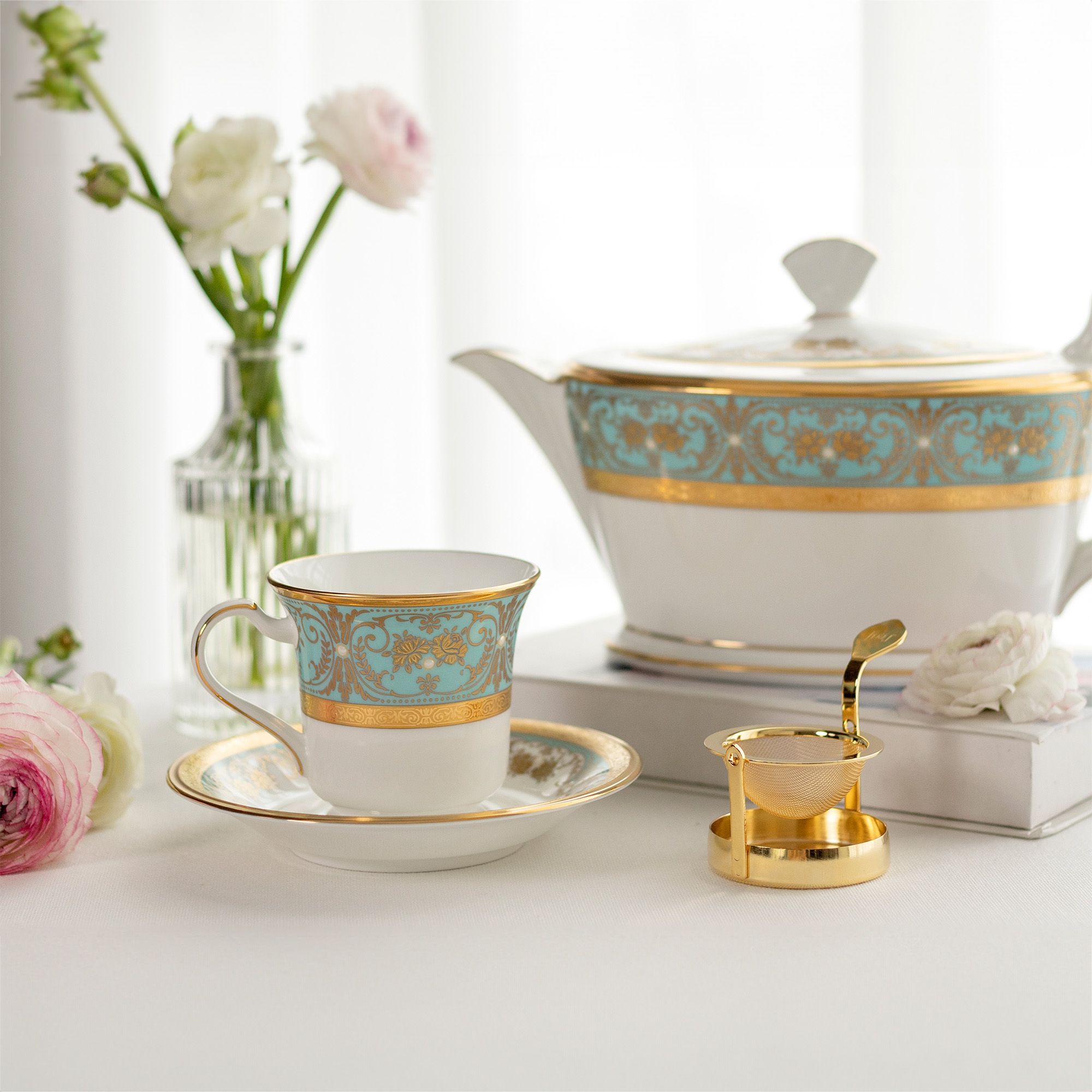 Bộ ấm chén uống trà (ấm 1.440ml, chén 220ml) 15 món sứ xương Nhật Bản | Noritake Georgian Turquoise 4857J - T017L