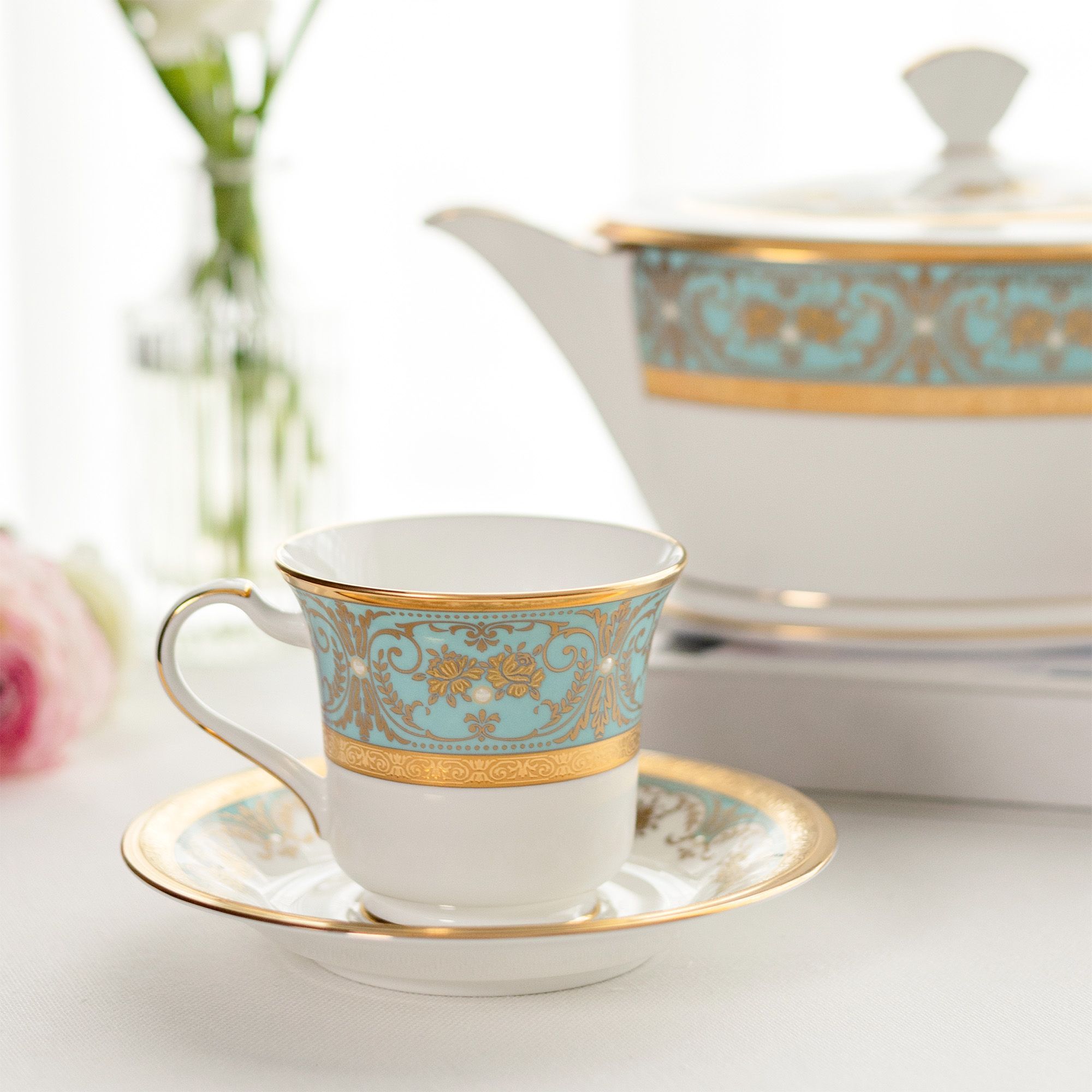 Chén trà (tách trà) dung tích 220ml kèm đĩa lót sứ xương Nhật Bản | Noritake Georgian Turquoise 4857J - T59589