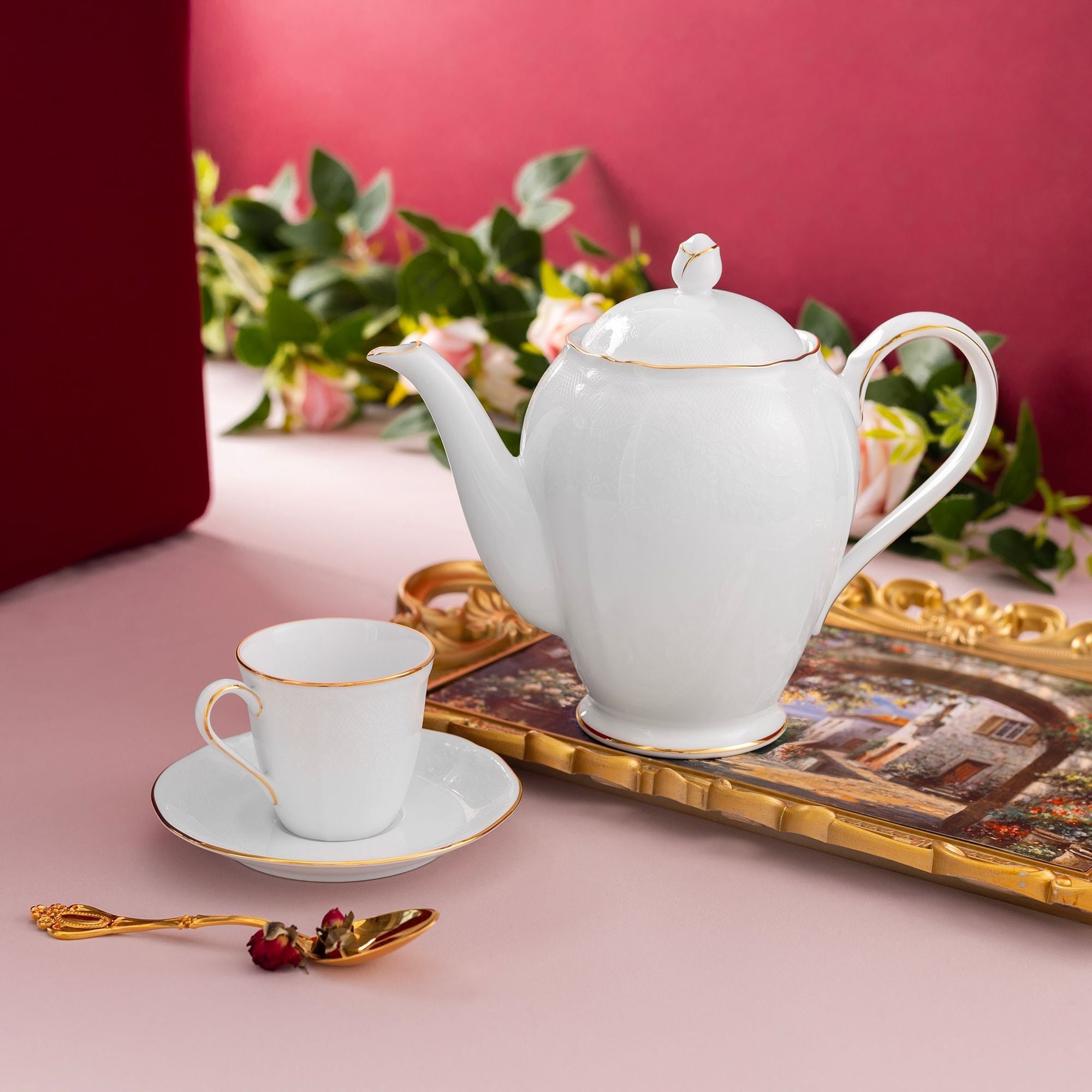 Bộ ấm chén uống trà nhỏ (ấm 950ml, chén 115ml) 13 món sứ trắng | Noritake Princess Bouquet Gold 1660L - T014S