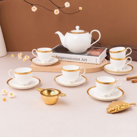  Bộ ấm chén uống trà nhỏ (ấm 650ml, chén 105ml) 13 món sứ xương | Noritake Rochelle Gold 4796L - T014S 
