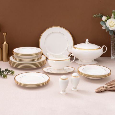  Bộ đĩa ăn kiểu Âu 22 món (cho 6 người) sứ xương | Noritake Rochelle Gold 4796L - D024AN 