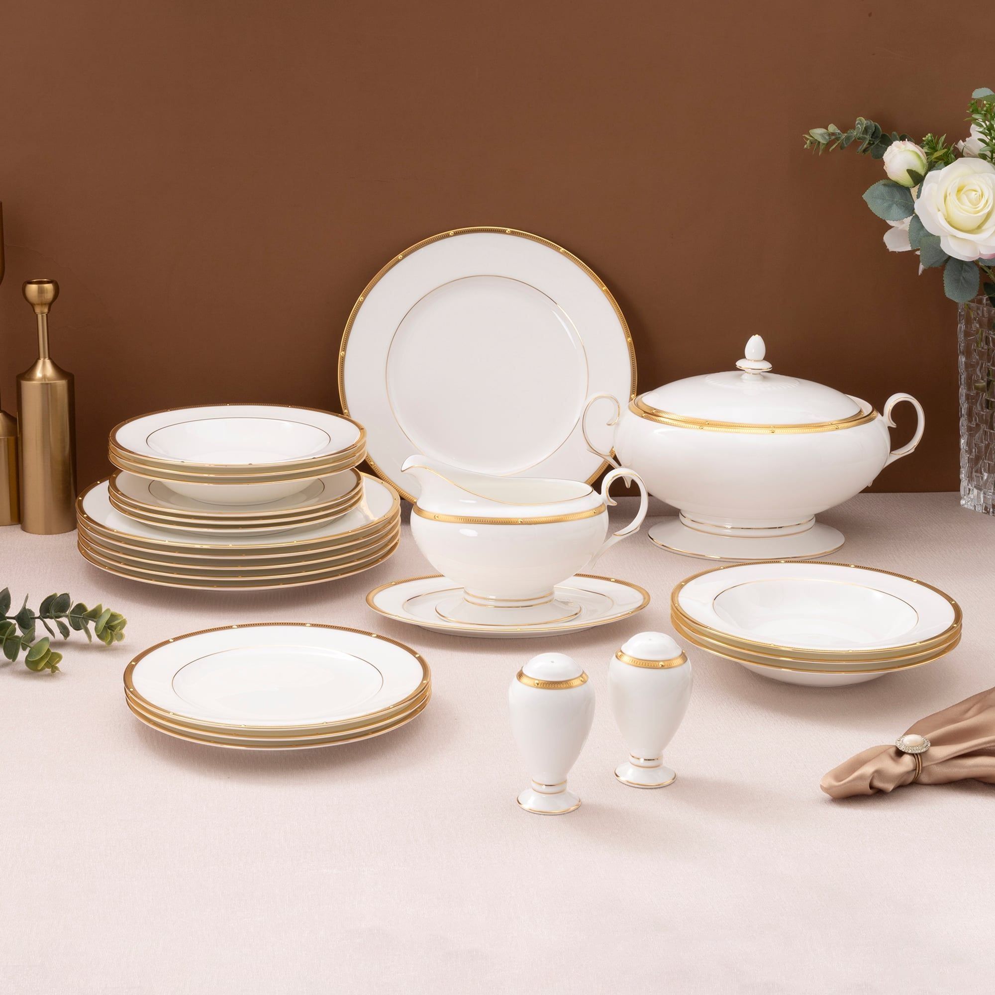 Bộ đĩa ăn kiểu Âu 22 món (cho 6 người) sứ xương | Noritake Rochelle Gold 4796L - D024AN