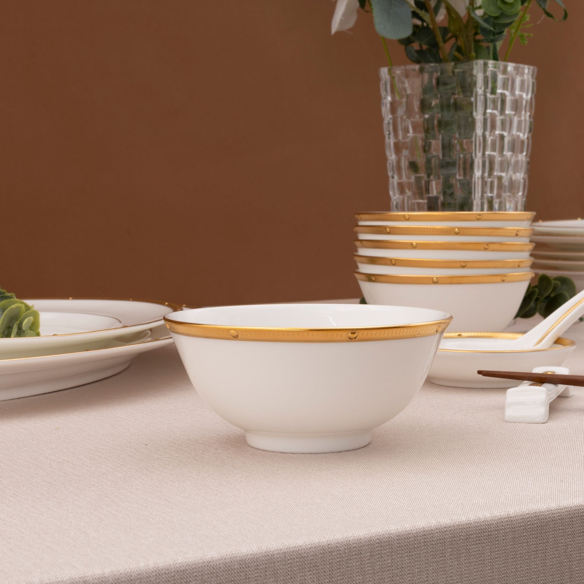 Bộ bát đĩa ăn châu Á cơ bản 22 món (cho 6 người) sứ xương | Noritake Rochelle Gold 4796L - D022AB