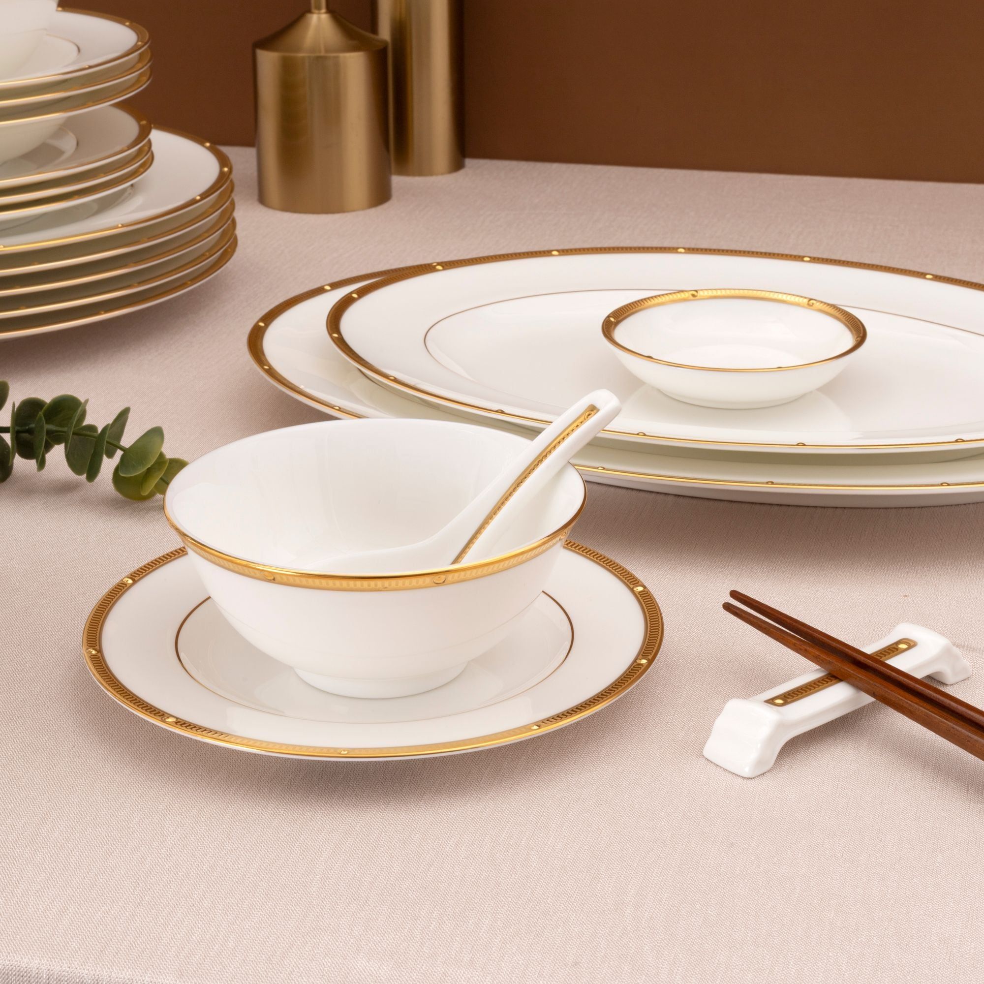 Bộ bát đĩa ăn châu Á cơ bản 22 món (cho 6 người) sứ xương | Noritake Rochelle Gold 4796L - D022AB