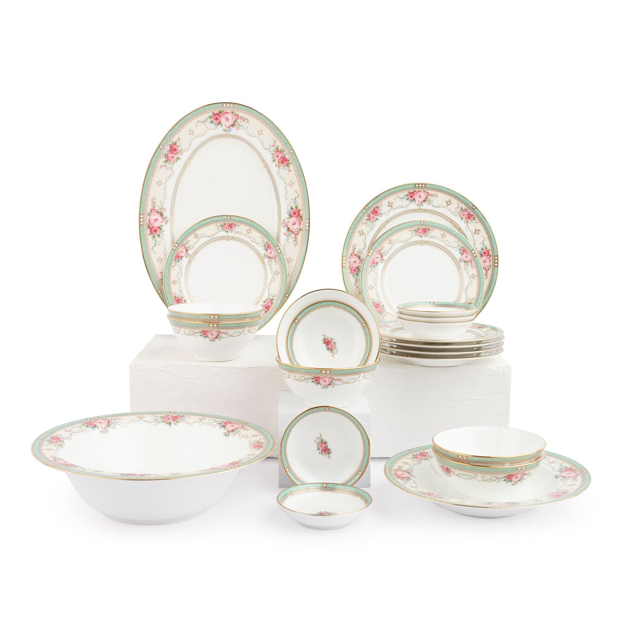 Bộ bát đĩa ăn châu Á cơ bản 22 món (cho 6 người) sứ xương |  Noritake Palace Rose 4863L - D022AB