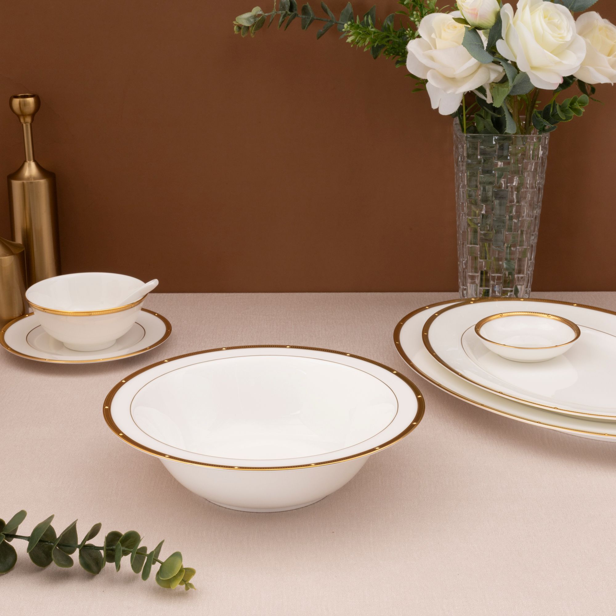 Bộ bát đĩa ăn châu Á đầy đủ 38 món (cho 6 người) sứ xương | Noritake Rochelle Gold 4796L - D038AC