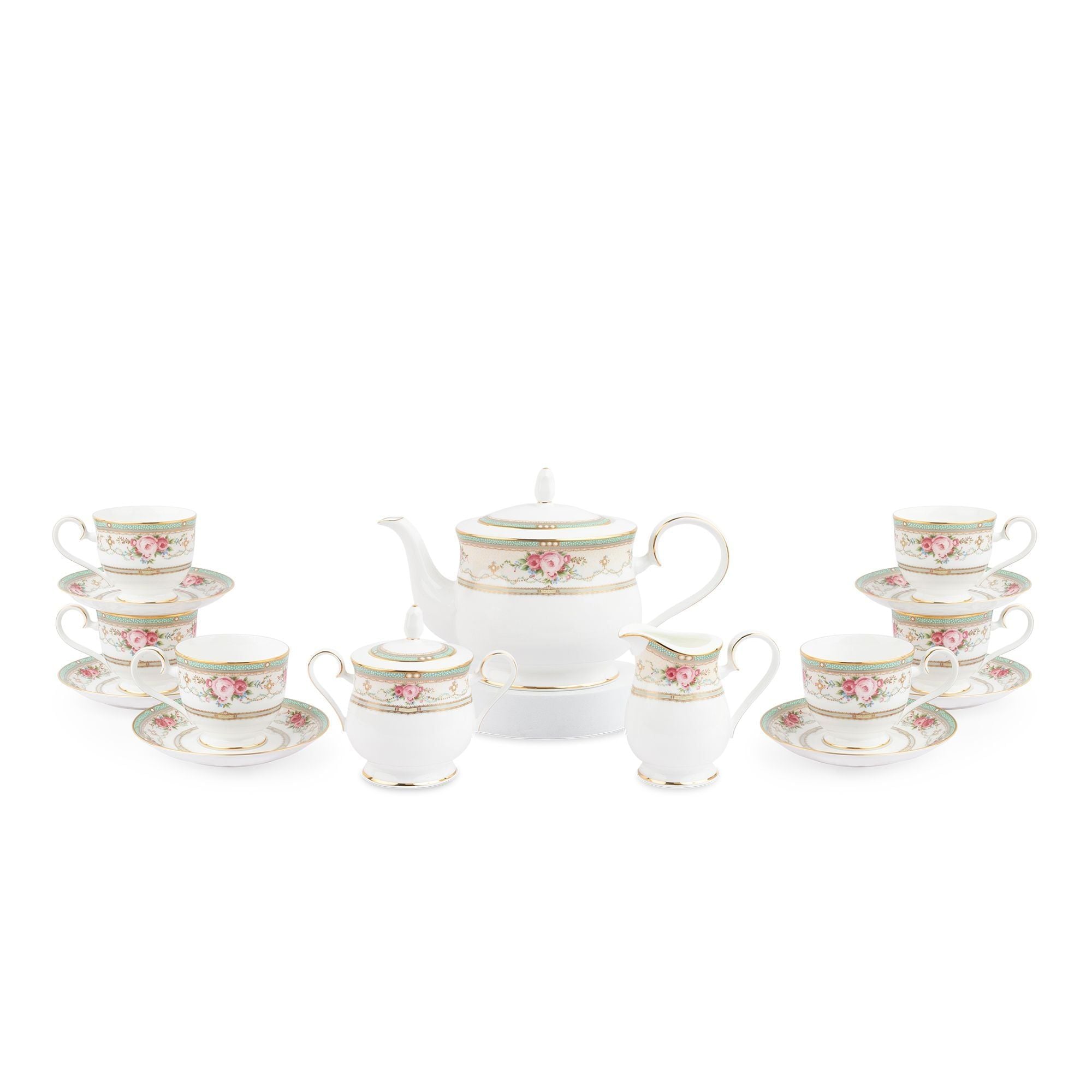 Bộ ấm chén uống trà (ấm 1.300ml, chén 230ml) 15 món sứ xương | Noritake Palace Rose 4863L - T017A