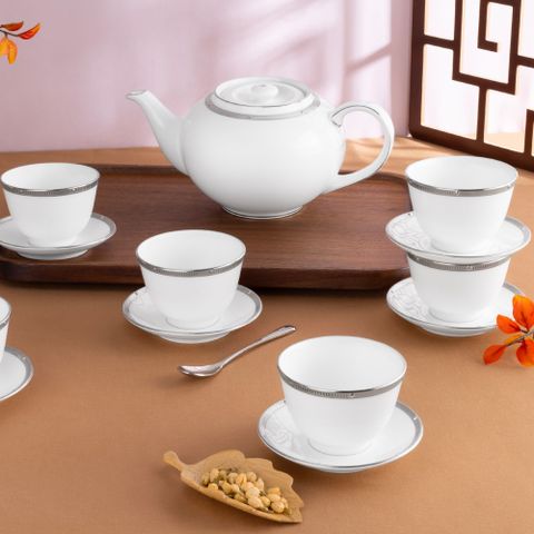 Bộ ấm chén trà châu Á (ấm 950ml, chén 145ml) 13 món sứ xương | Noritake Rochelle Platinum 4795L - T014SA 