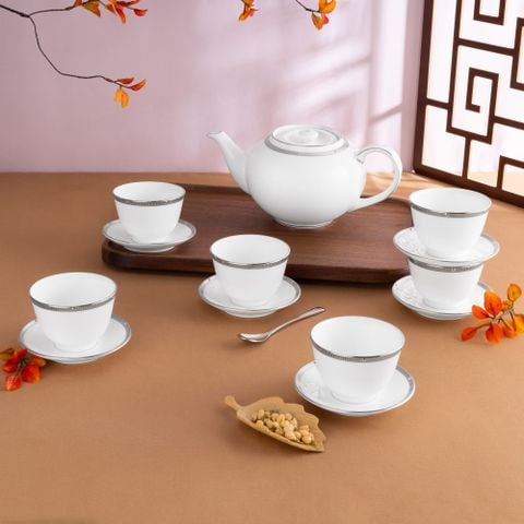 Bộ ấm chén trà châu Á (ấm 950ml, chén 145ml) 13 món sứ xương | Noritake Rochelle Platinum 4795L - T014SA 