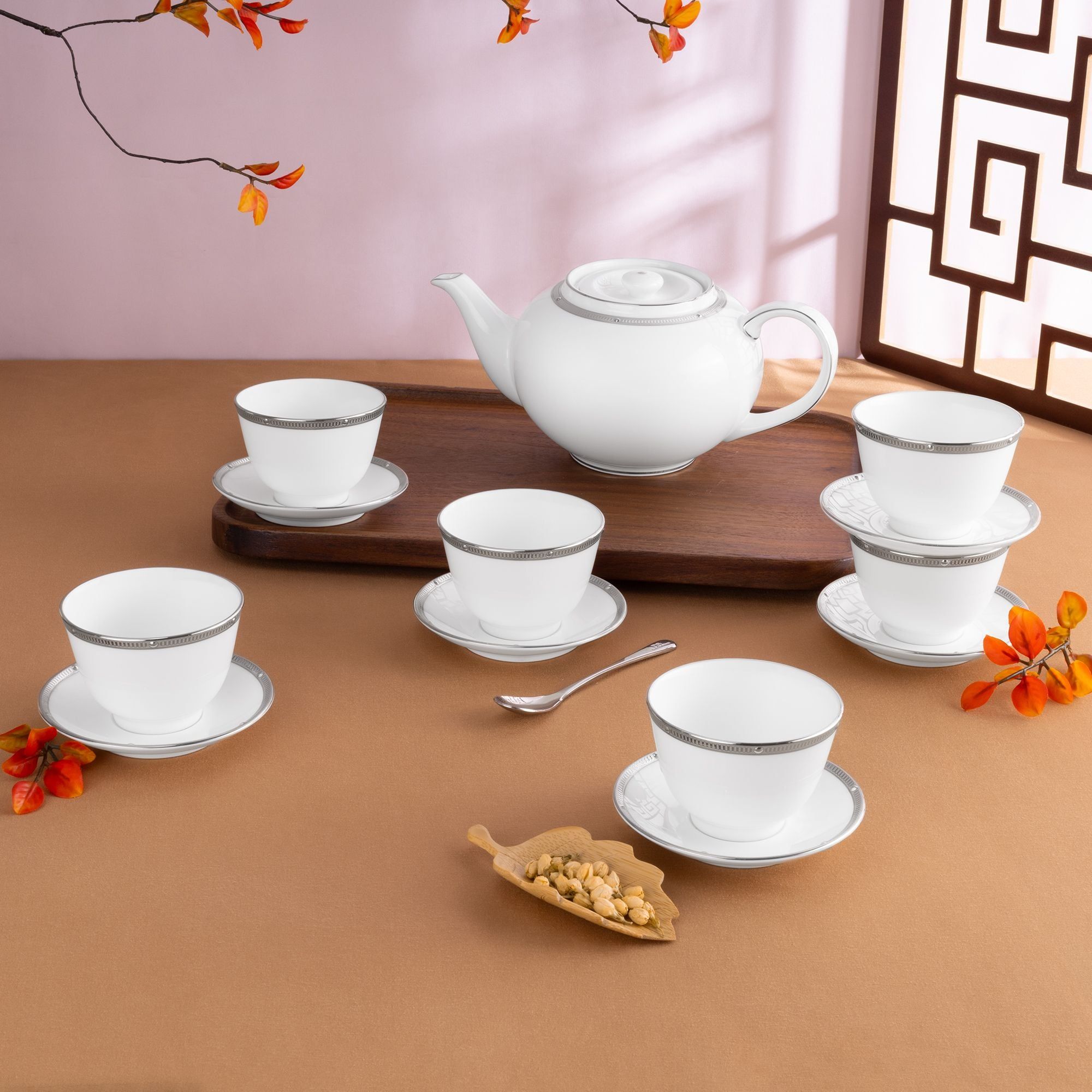Bộ ấm chén trà châu Á (ấm 950ml, chén 145ml) 13 món sứ xương | Noritake Rochelle Platinum 4795L - T014SA