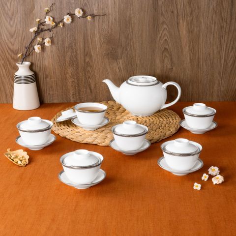  Bộ ấm chén trà châu Á (ấm 950ml, chén 160ml) 13 món sứ xương | Noritake Rochelle Platinum 4795L - T014A 