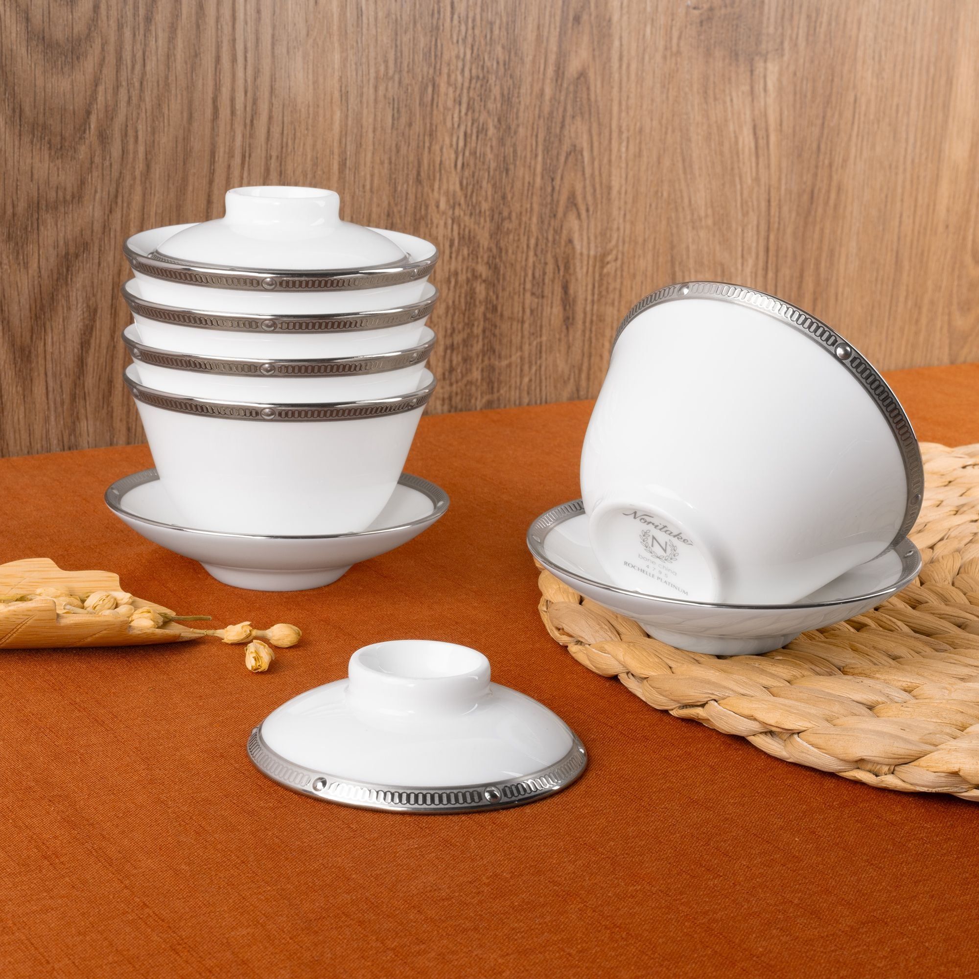 Bộ ấm chén trà châu Á (ấm 950ml, chén 160ml) 13 món sứ xương | Noritake Rochelle Platinum 4795L - T014A
