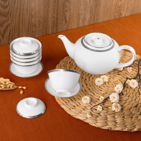  Bộ ấm chén trà châu Á (ấm 950ml, chén 160ml) 13 món sứ xương | Noritake Rochelle Platinum 4795L - T014A 