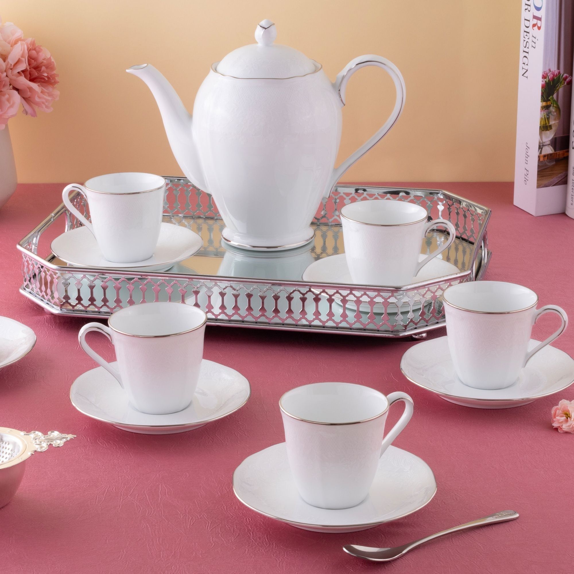Bộ ấm chén uống trà nhỏ (ấm 950ml, chén 115ml) 13 món sứ trắng | Noritake Princess Bouquet Platinum 1661L - T014S