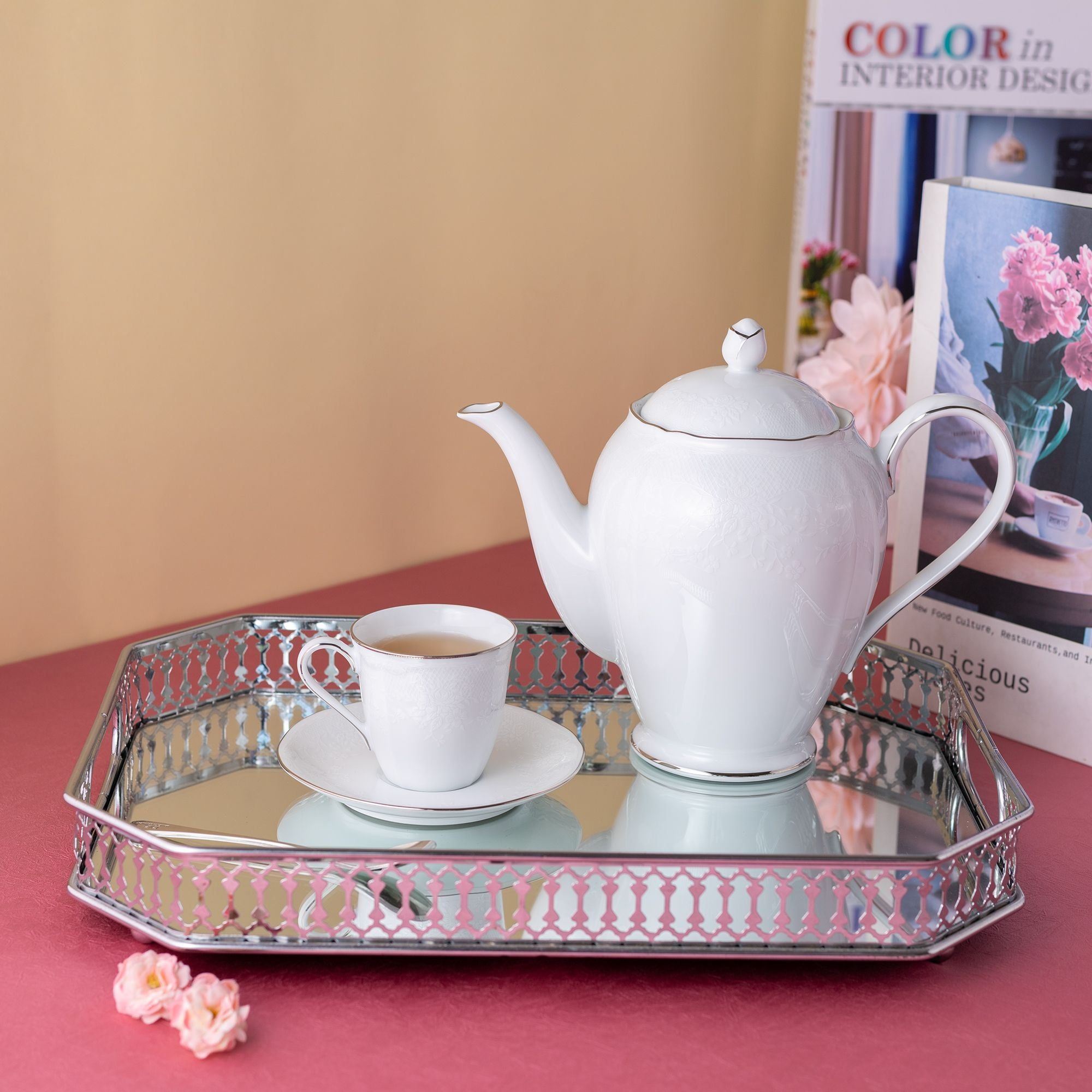 Bộ ấm chén uống trà nhỏ (ấm 950ml, chén 115ml) 13 món sứ trắng | Noritake Princess Bouquet Platinum 1661L - T014S