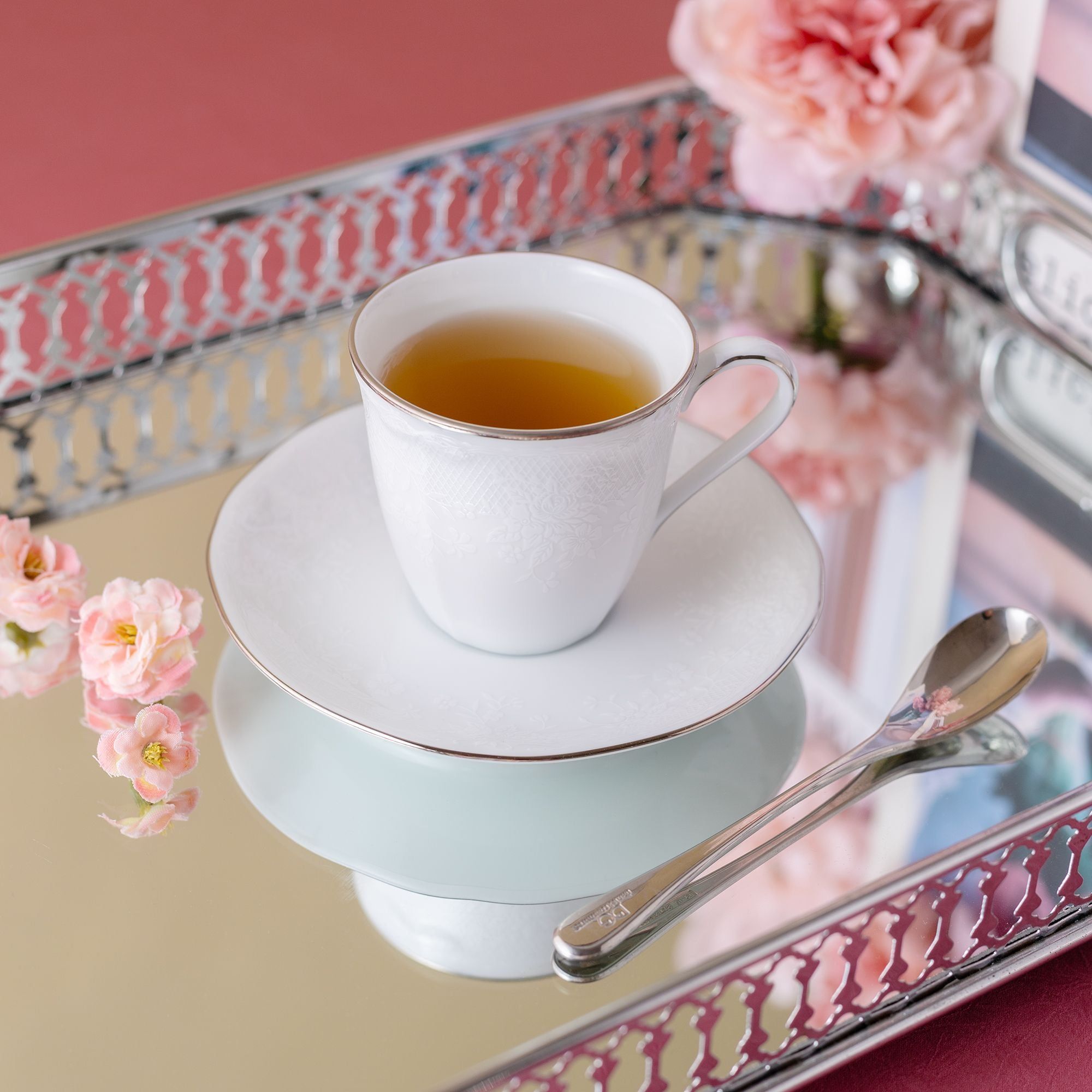 Bộ ấm chén uống trà nhỏ (ấm 950ml, chén 115ml) 13 món sứ trắng | Noritake Princess Bouquet Platinum 1661L - T014S