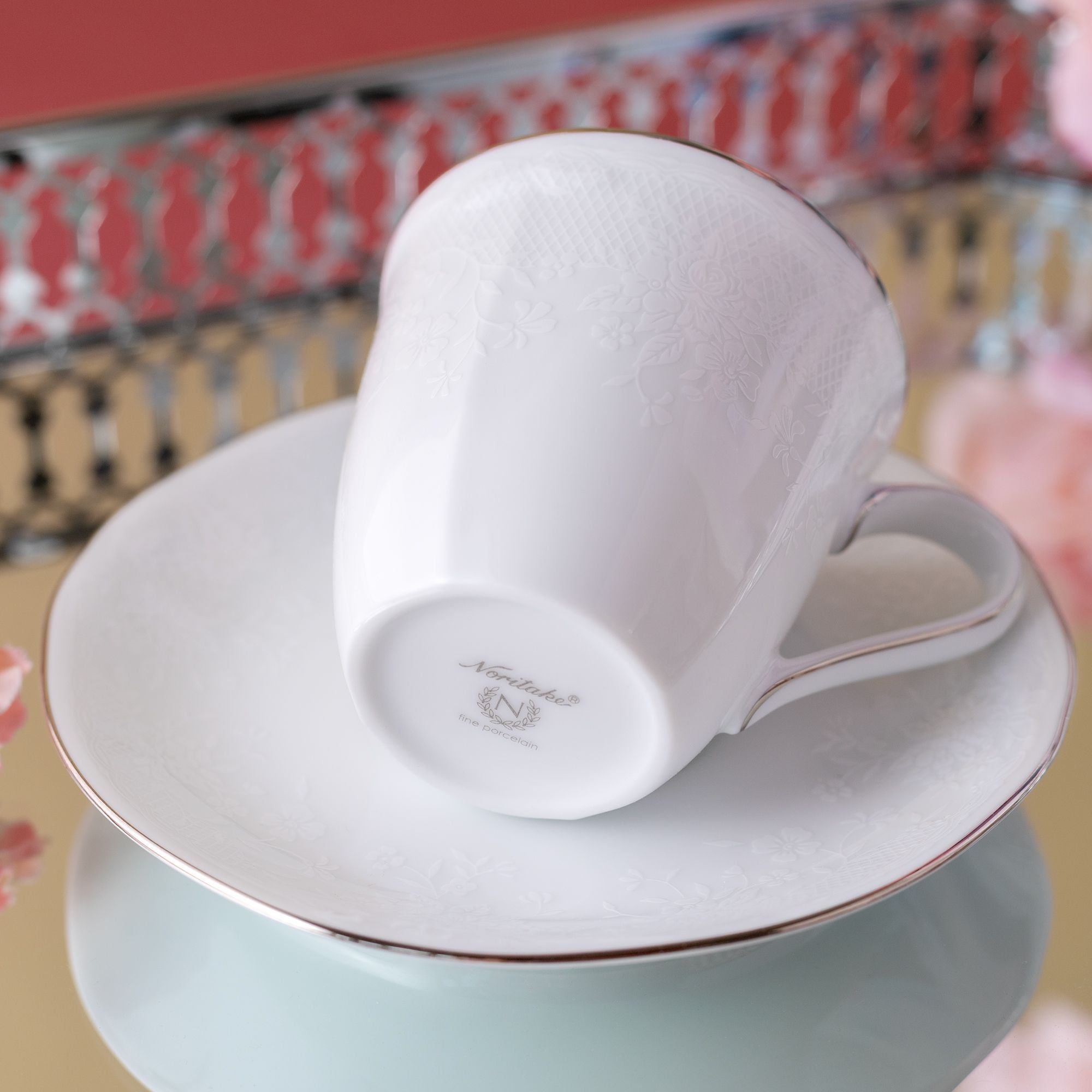 Bộ ấm chén uống trà nhỏ (ấm 950ml, chén 115ml) 13 món sứ trắng | Noritake Princess Bouquet Platinum 1661L - T014S