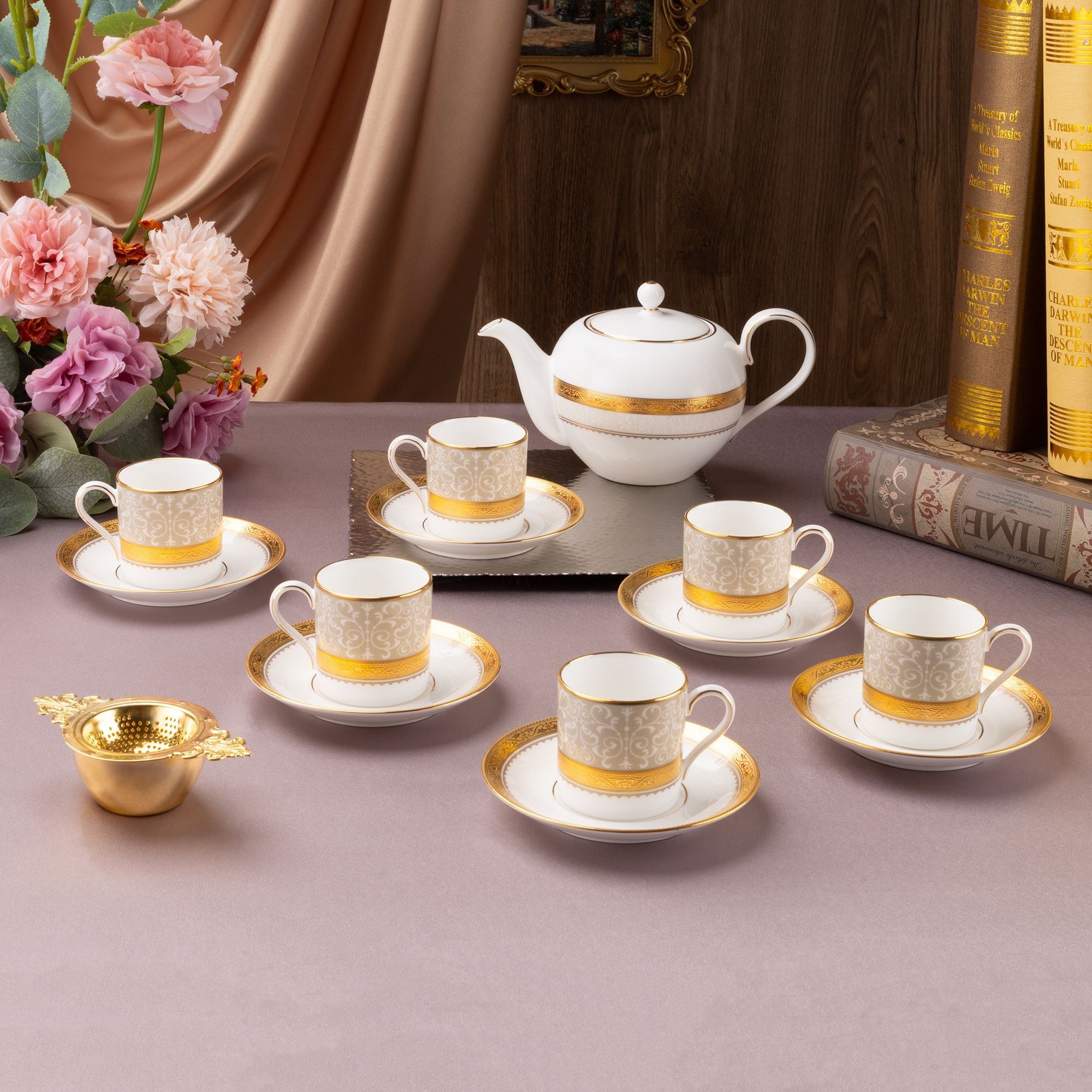 Bộ ấm chén uống trà nhỏ (ấm 650ml, chén 90ml) 13 món sứ xương | Noritake Odessa Gold 4874L - T014S