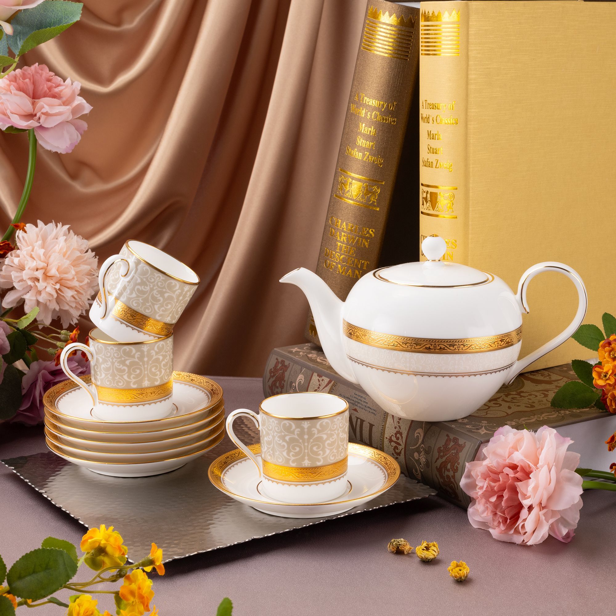 Bộ ấm chén uống trà nhỏ (ấm 650ml, chén 90ml) 13 món sứ xương | Noritake Odessa Gold 4874L - T014S