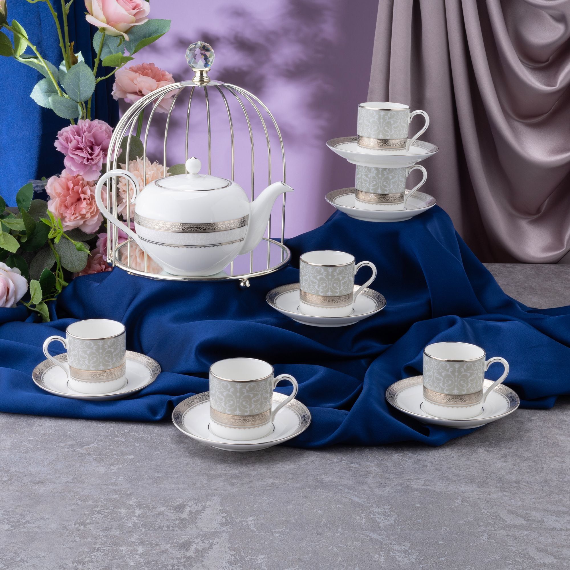 Bộ ấm chén uống trà nhỏ (ấm 650ml, chén 90ml) 13 món sứ xương | Noritake Odessa Platinum 4875L - T014S