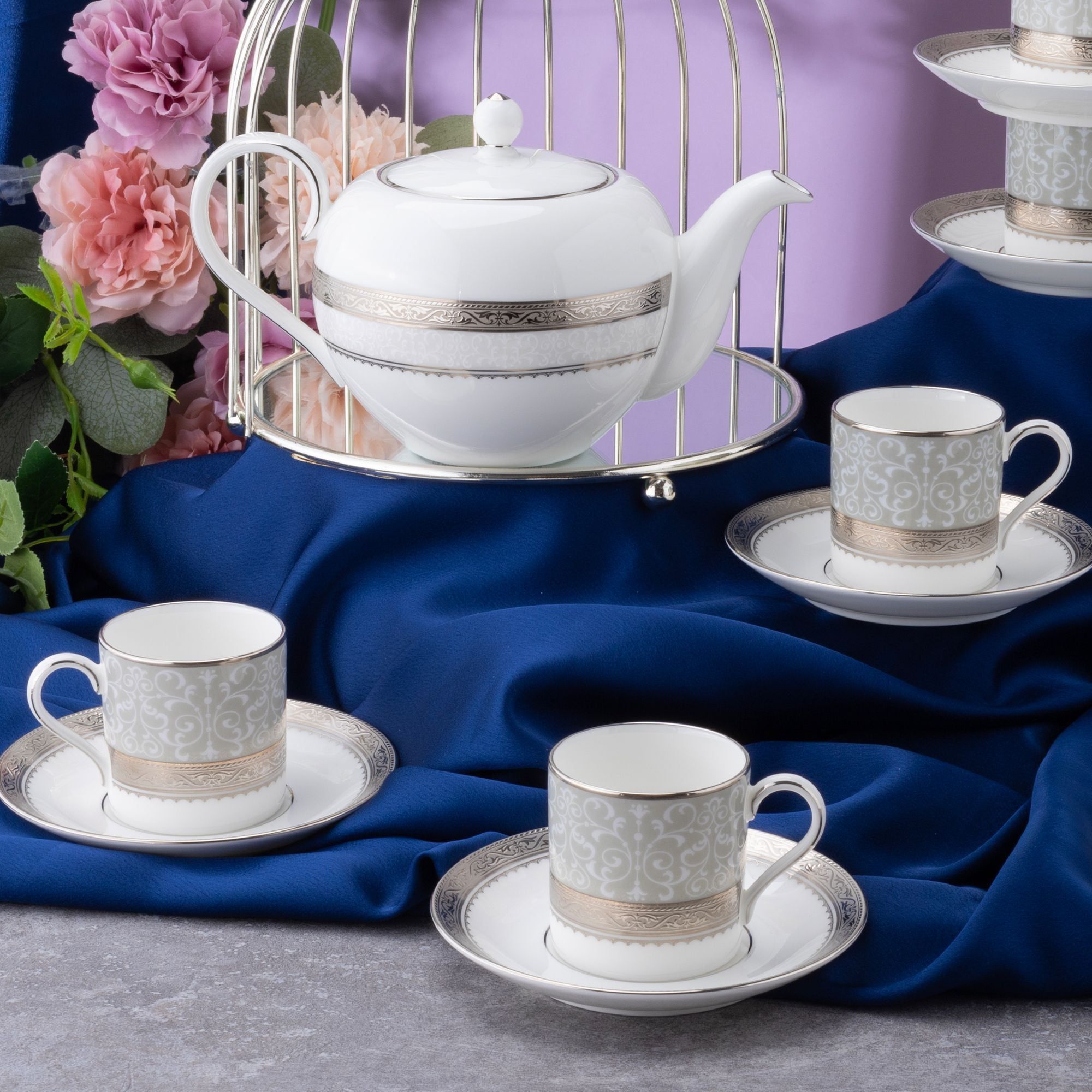 Bộ ấm chén uống trà nhỏ (ấm 650ml, chén 90ml) 13 món sứ xương | Noritake Odessa Platinum 4875L - T014S