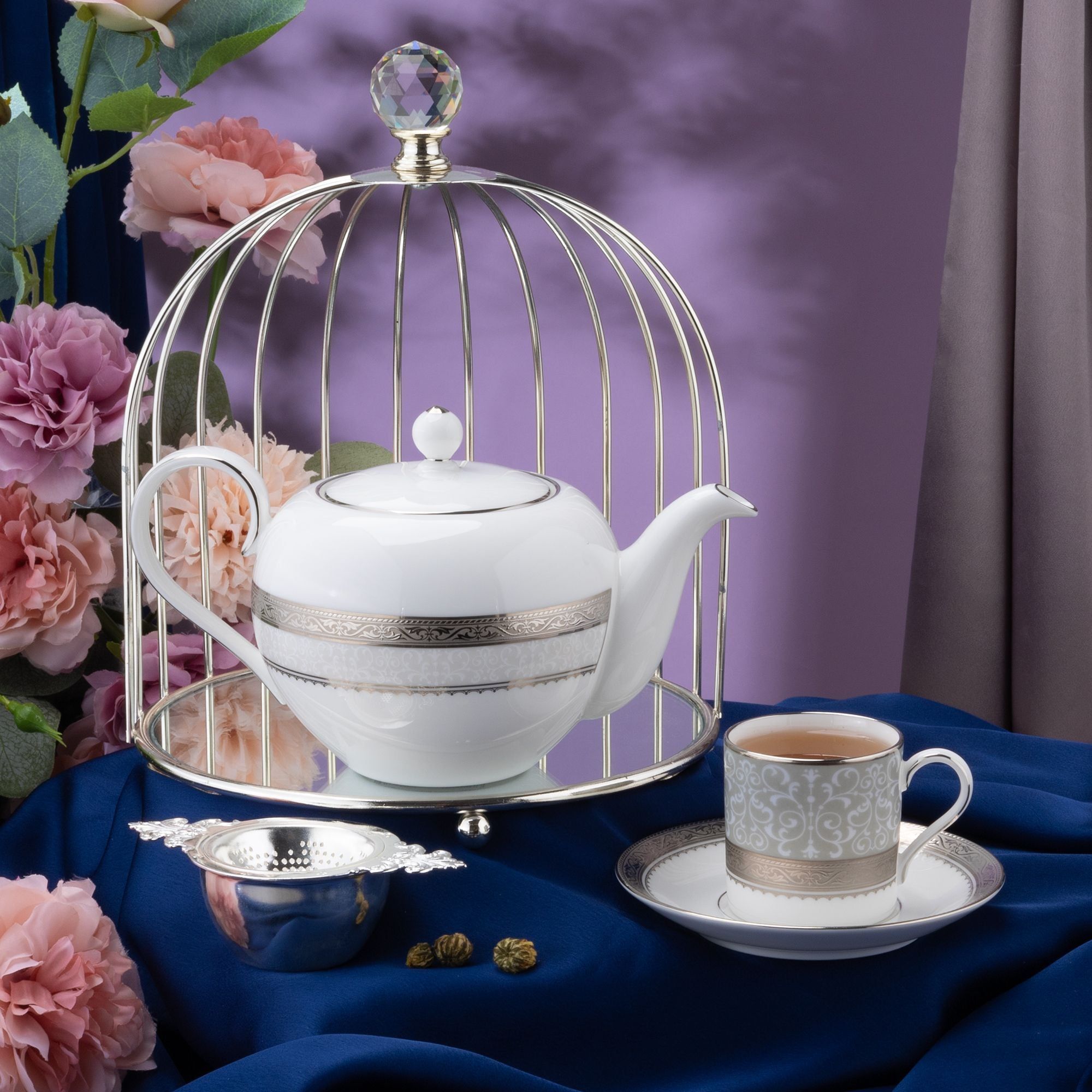 Bộ ấm chén uống trà nhỏ (ấm 650ml, chén 90ml) 13 món sứ xương | Noritake Odessa Platinum 4875L - T014S