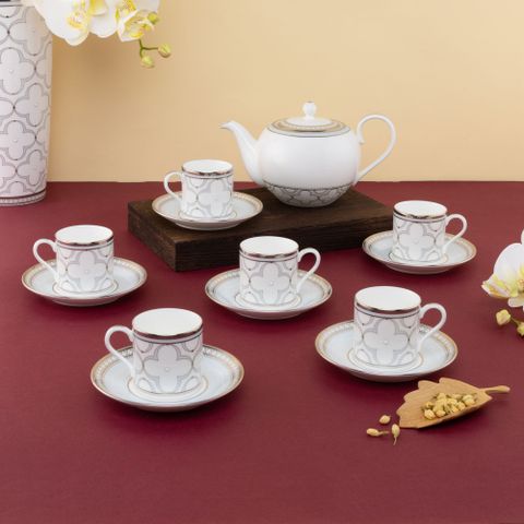  Bộ ấm chén uống trà nhỏ (ấm 650ml, chén 90ml) 13 món sứ xương | Noritake Trefolio Platinum 4957L - T014S 