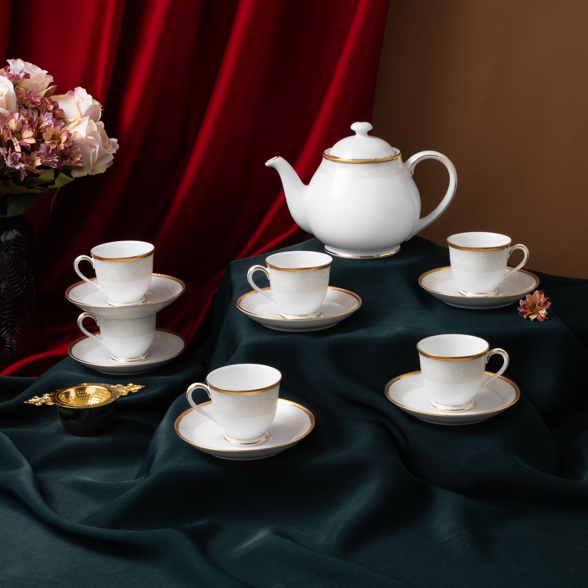 Bộ ấm chén uống trà nhỏ (ấm 780ml, chén 90ml) 13 món sứ trắng | Noritake Flanders Gold 1714L - T014S