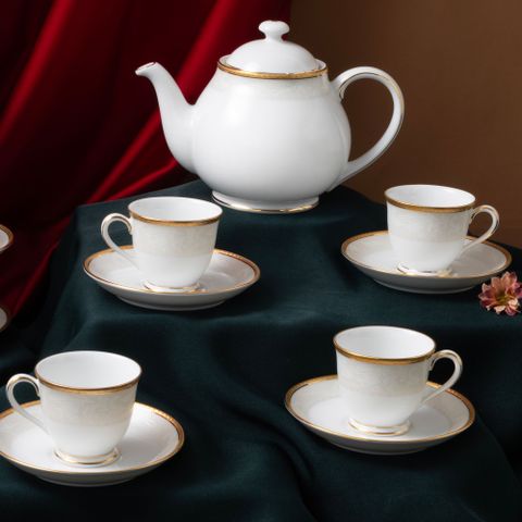  Bộ ấm chén uống trà nhỏ (ấm 780ml, chén 90ml) 13 món sứ trắng | Noritake Flanders Gold 1714L - T014S 