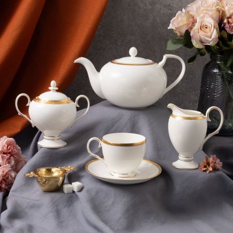  Bộ ấm chén uống trà (ấm 1.150ml, chén 250ml) 15 món sứ xương | Noritake Rochelle Gold 4796L - T017A 