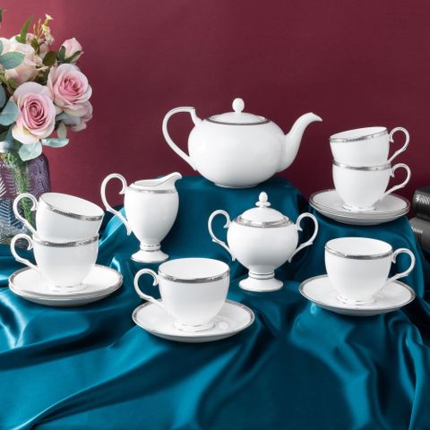  Bộ ấm chén uống trà (ấm 1.150ml, chén 250ml) 15 món sứ xương | Noritake Rochelle Platinum 4795L - T017A 