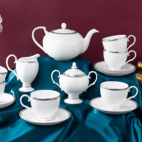  Bộ ấm chén uống trà (ấm 1.150ml, chén 250ml) 15 món sứ xương | Noritake Rochelle Platinum 4795L - T017A 