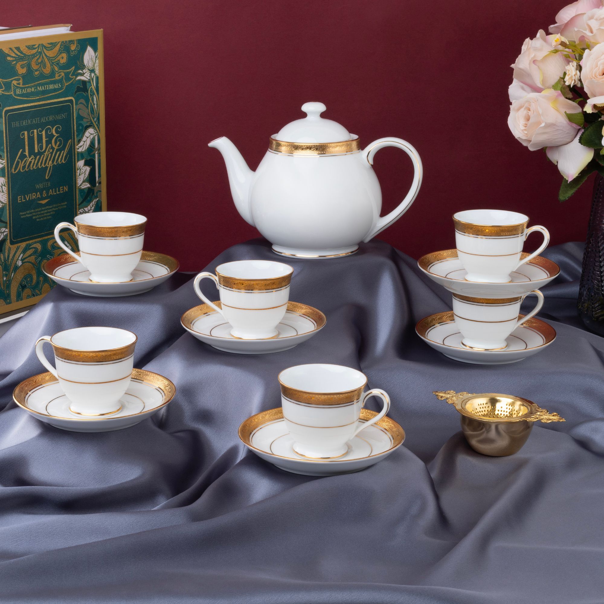 Bộ ấm chén uống trà nhỏ (ấm 780ml, chén 90ml) 13 món sứ trắng | Noritake Crestwood Gold 4167L - T014S