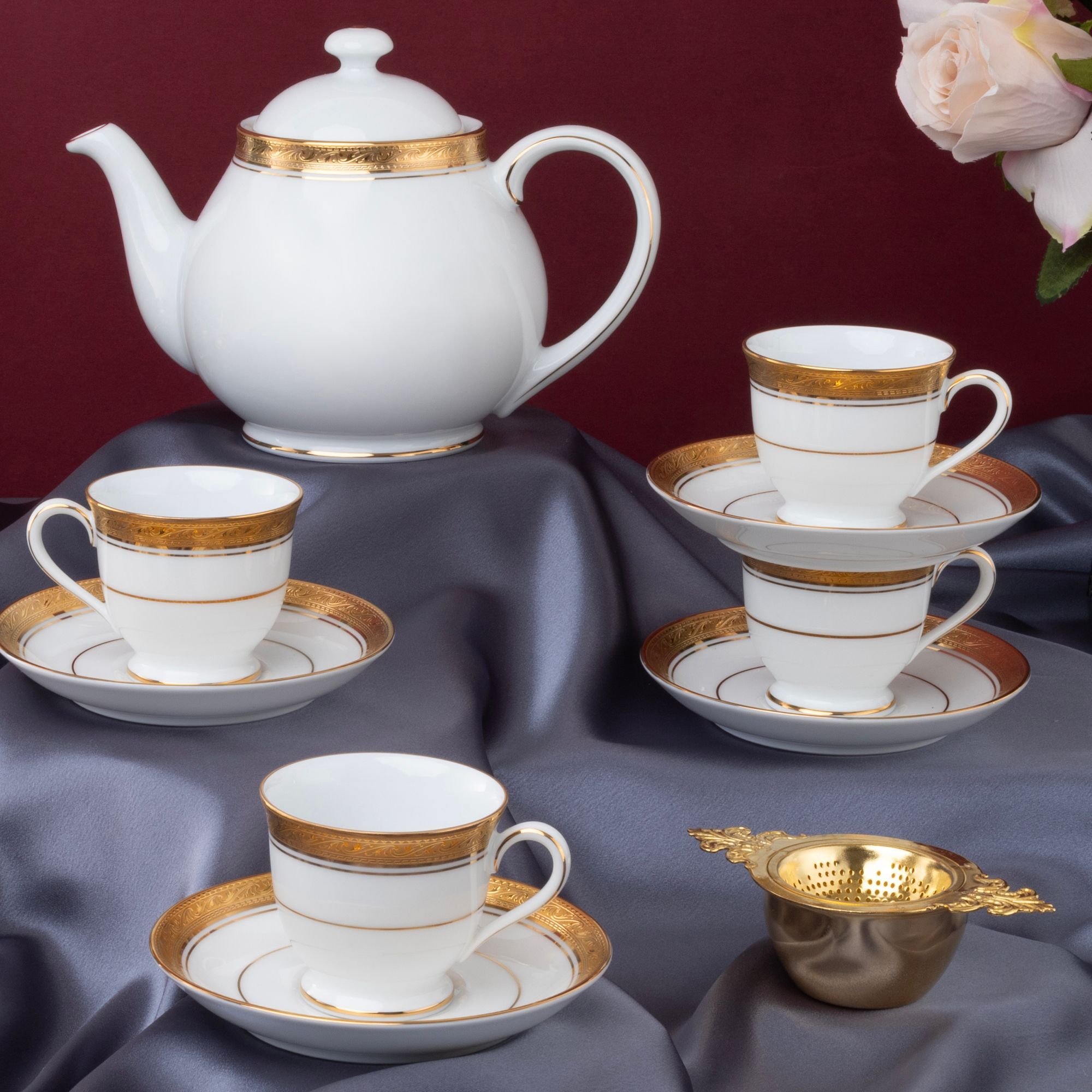 Bộ ấm chén uống trà nhỏ (ấm 780ml, chén 90ml) 13 món sứ trắng | Noritake Crestwood Gold 4167L - T014S