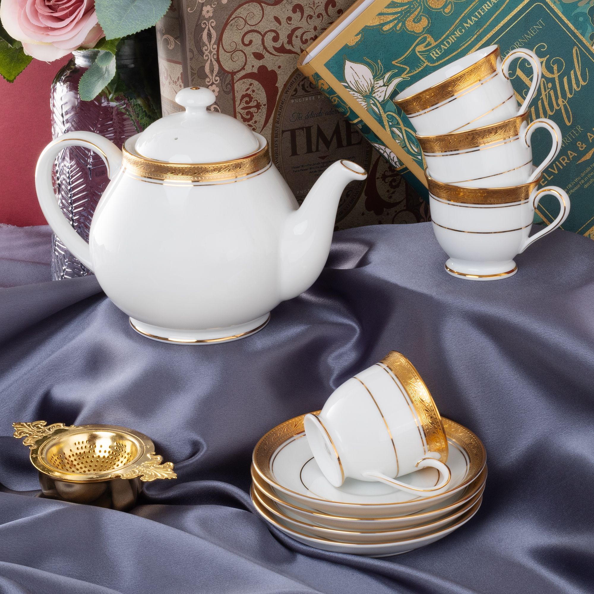 Bộ ấm chén uống trà nhỏ (ấm 780ml, chén 90ml) 13 món sứ trắng | Noritake Crestwood Gold 4167L - T014S