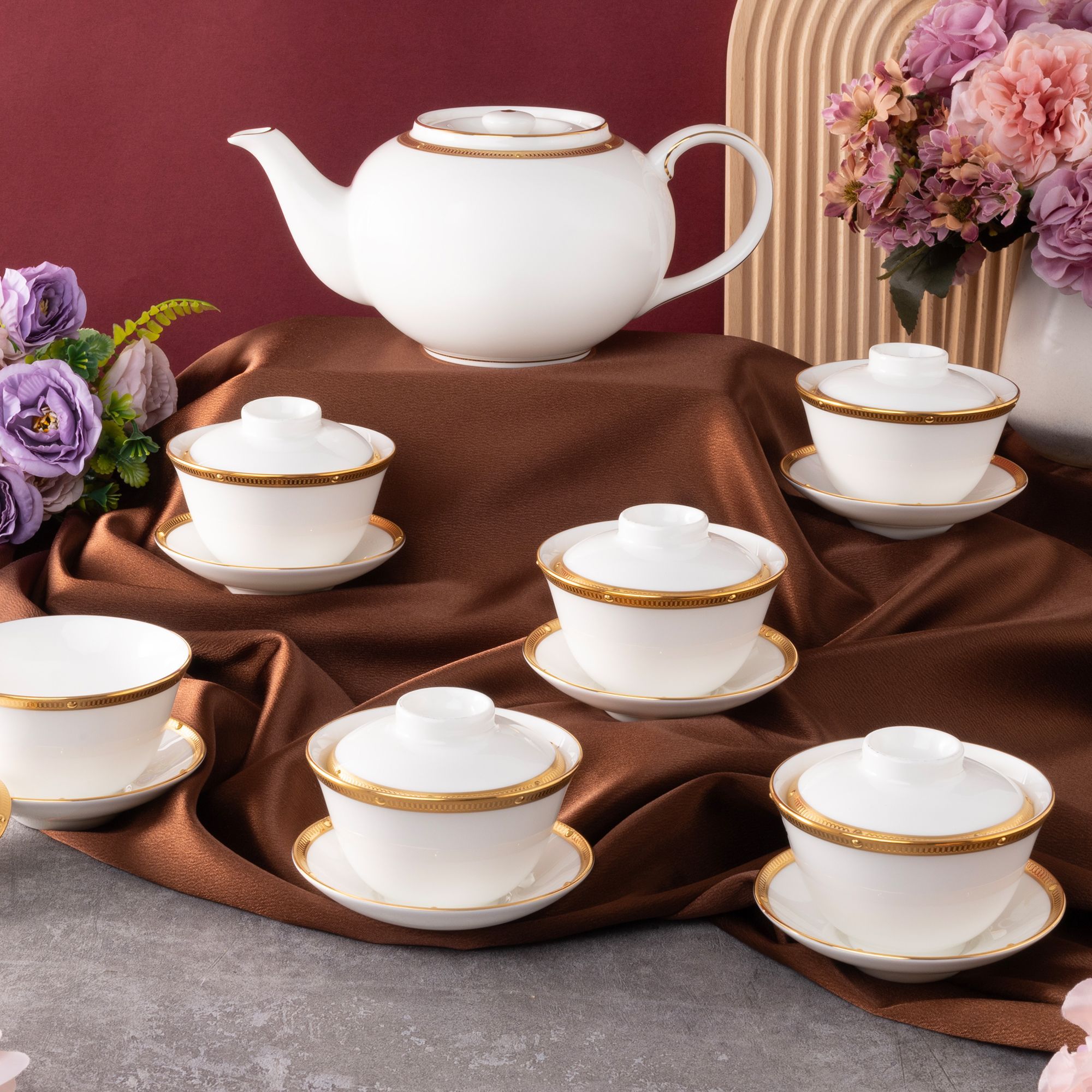 Bộ ấm chén trà châu Á (ấm 950ml, chén 160ml) 13 món sứ xương | Noritake Rochelle Gold 4796L - T014A