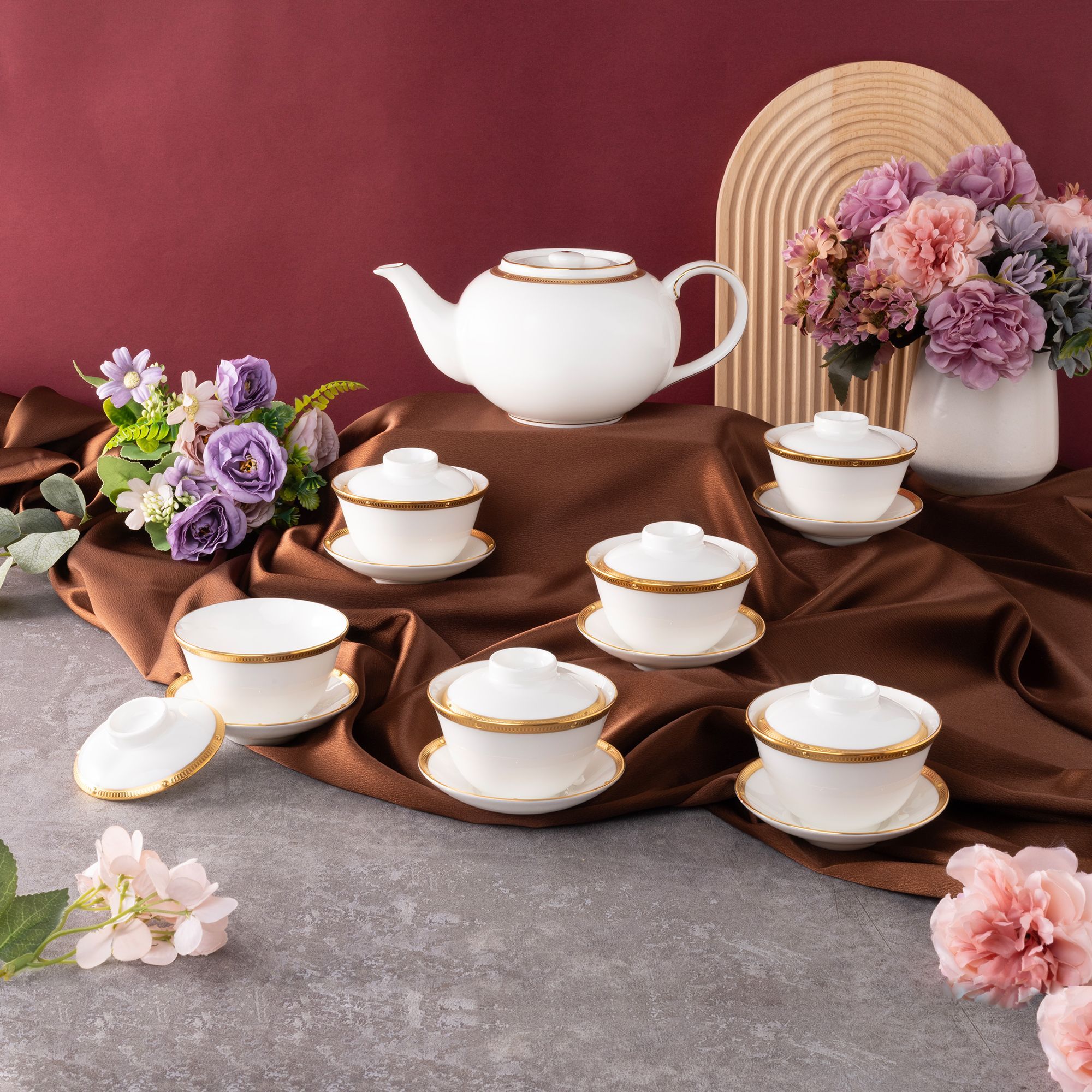 Bộ ấm chén trà châu Á (ấm 950ml, chén 160ml) 13 món sứ xương | Noritake Rochelle Gold 4796L - T014A
