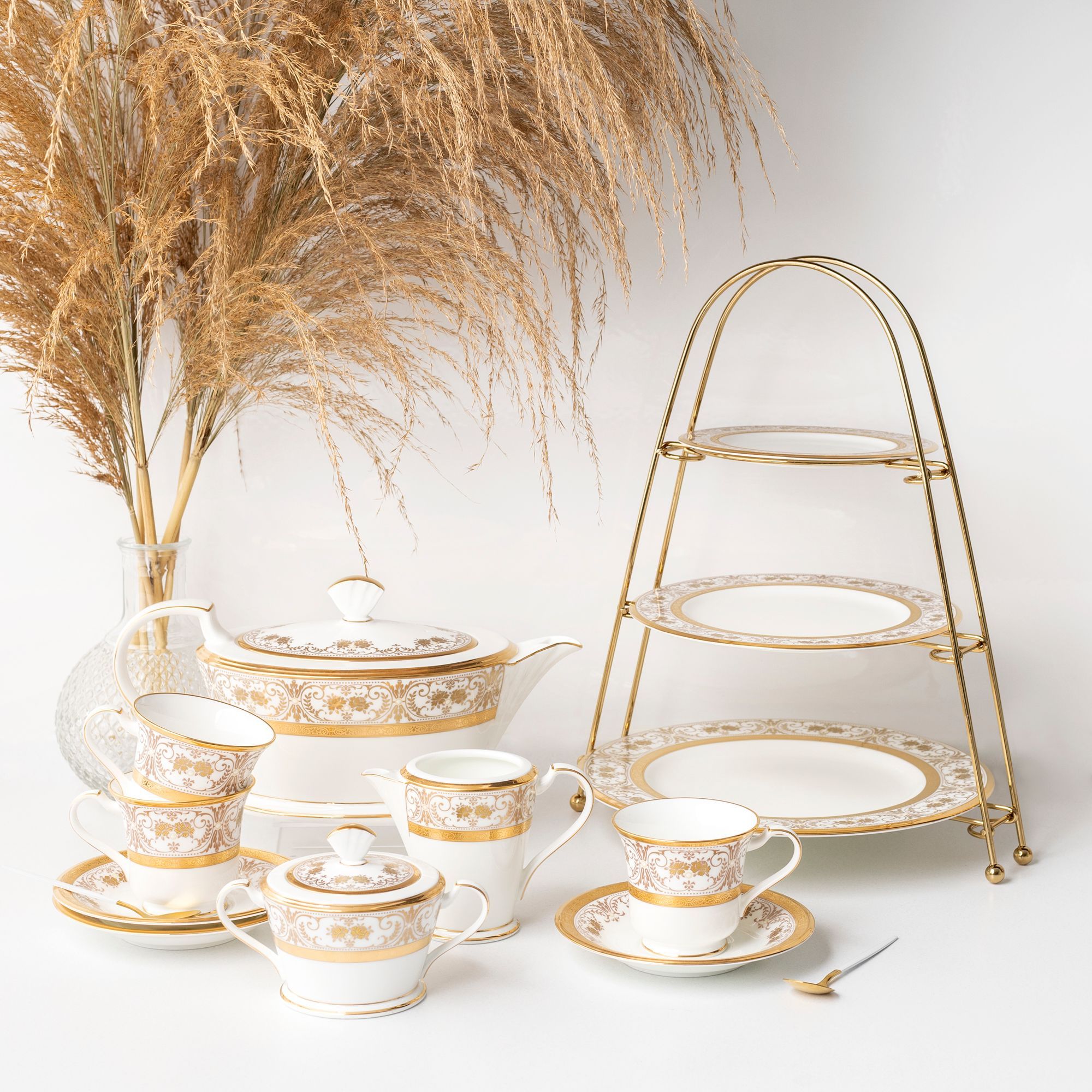 Bộ ấm chén uống trà (ấm 1.440ml, chén 220ml) 15 món sứ xương Nhật Bản | Noritake Georgian Palace 4858J - T017L