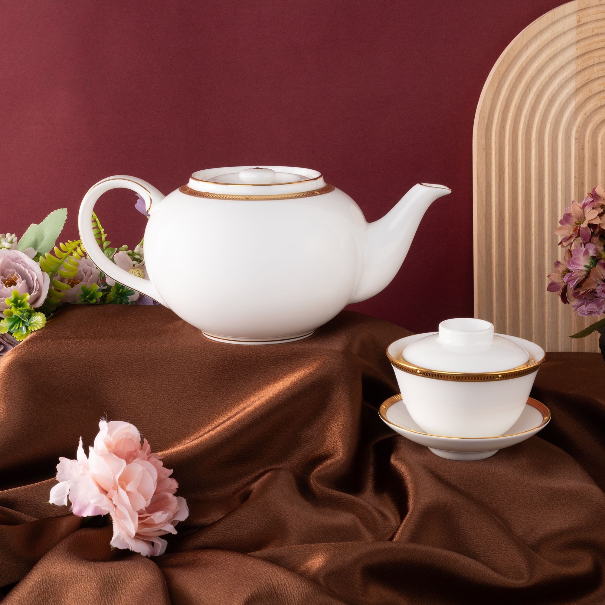 Bộ ấm chén trà châu Á (ấm 950ml, chén 160ml) 13 món sứ xương | Noritake Rochelle Gold 4796L - T014A