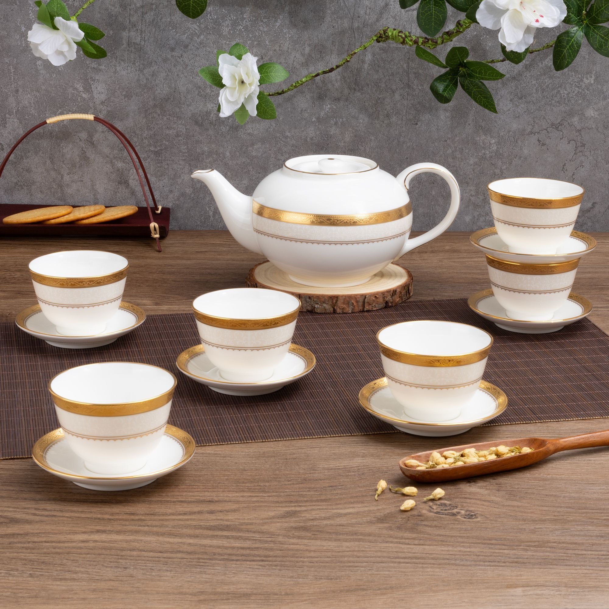 Bộ ấm chén trà châu Á (ấm 950ml, chén 145ml) 13 món sứ xương | Noritake Odessa Gold 4874L - T014A
