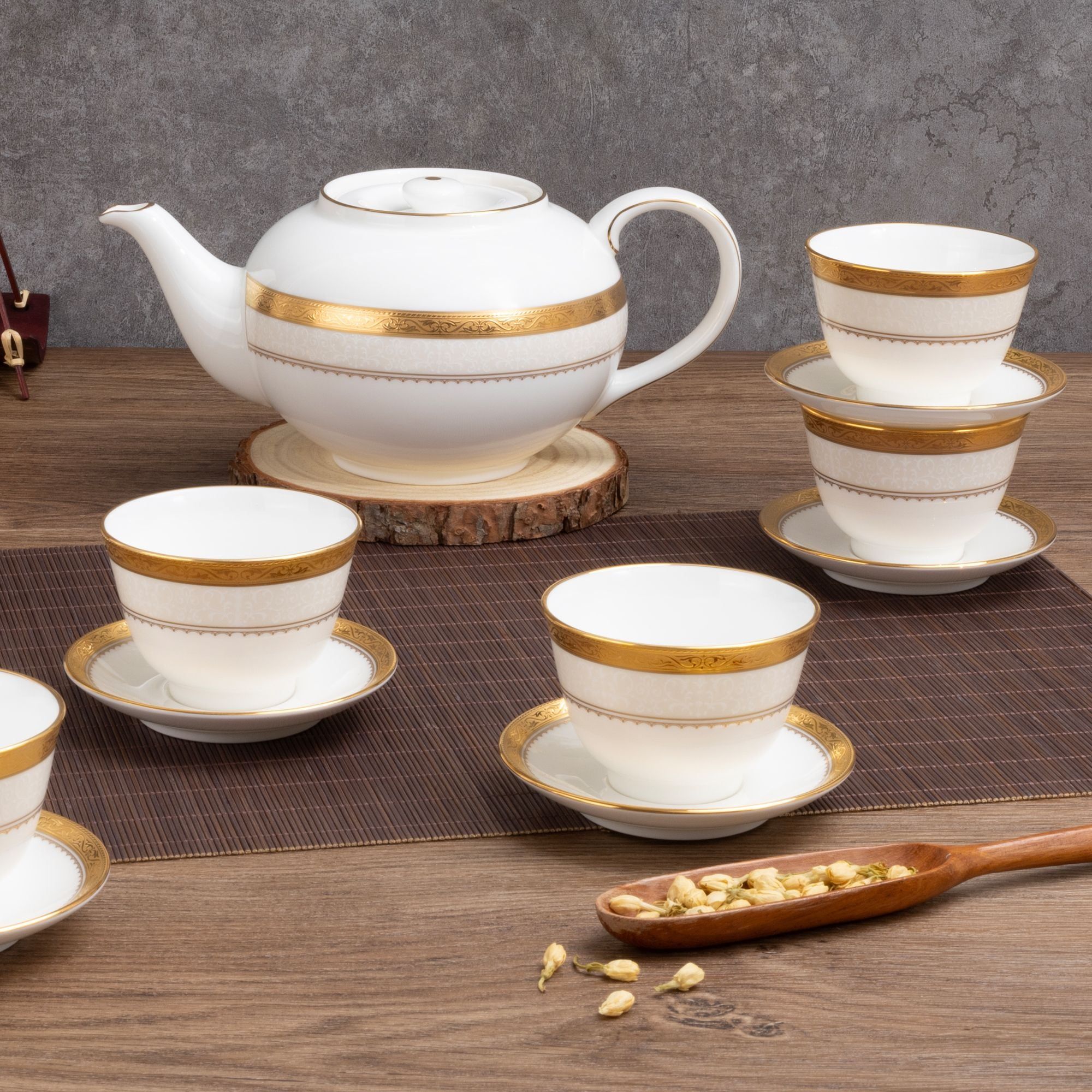 Bộ ấm chén trà châu Á (ấm 950ml, chén 145ml) 13 món sứ xương | Noritake Odessa Gold 4874L - T014A