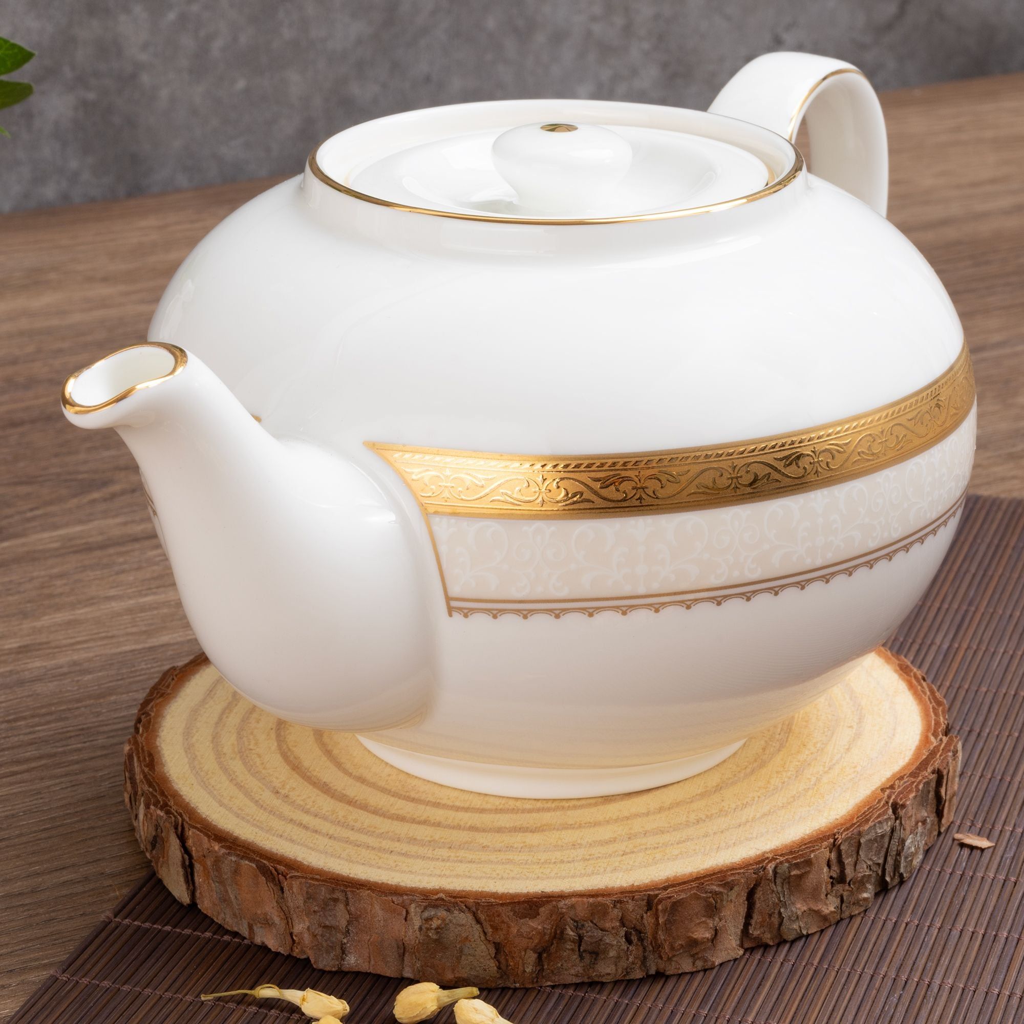 Bộ ấm chén trà châu Á (ấm 950ml, chén 145ml) 13 món sứ xương | Noritake Odessa Gold 4874L - T014A