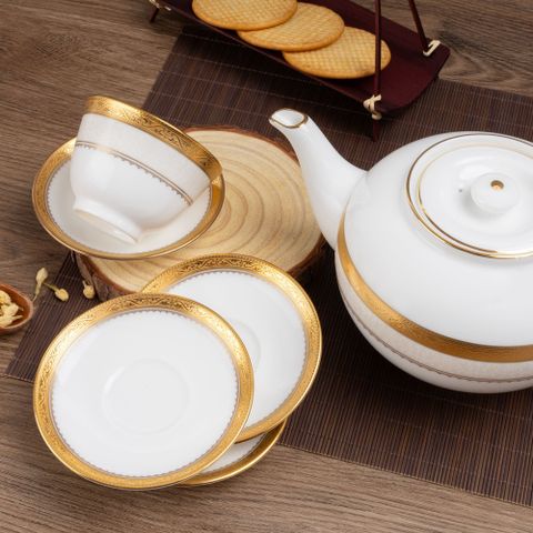  Bộ ấm chén trà châu Á (ấm 950ml, chén 145ml) 13 món sứ xương | Noritake Odessa Gold 4874L - T014A 