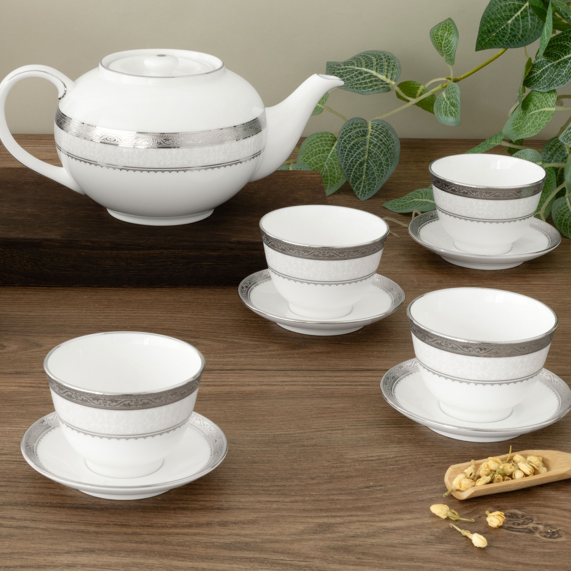 Bộ ấm chén trà châu Á (ấm 950ml, chén 145ml) 13 món sứ xương | Noritake Odessa Platinum 4875L - T014A