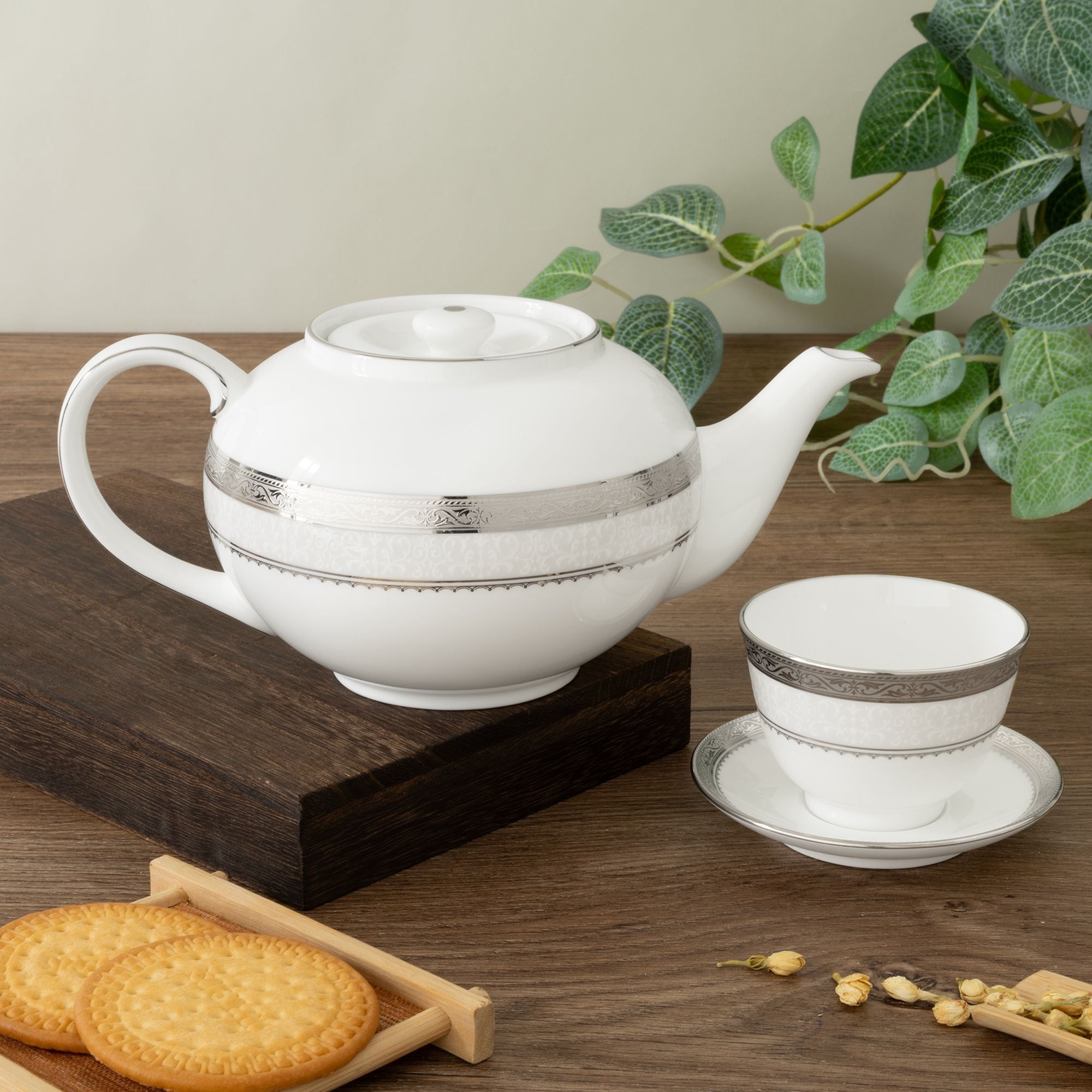 Bộ ấm chén trà châu Á (ấm 950ml, chén 145ml) 13 món sứ xương | Noritake Odessa Platinum 4875L - T014A