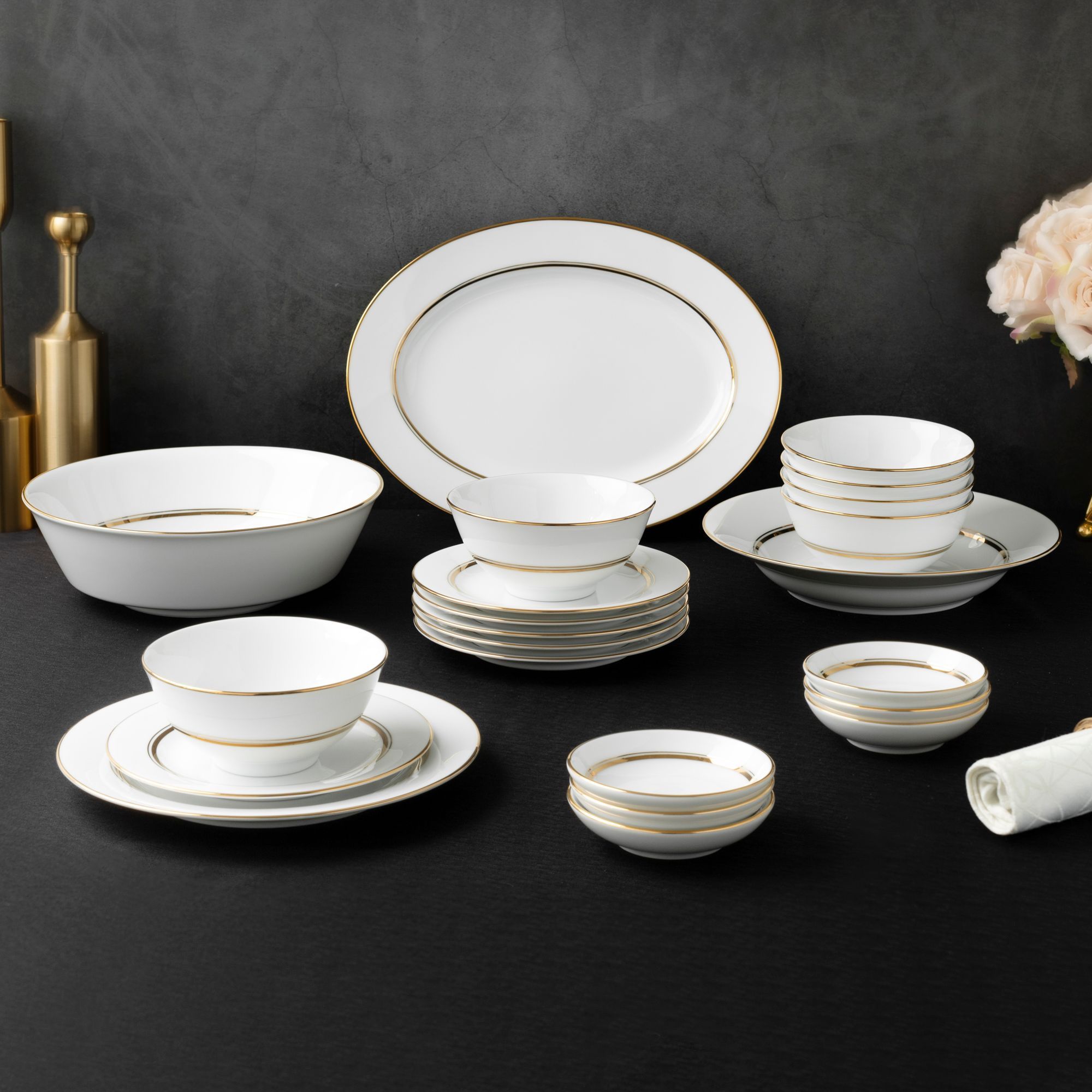 Bộ bát đĩa ăn châu Á cơ bản 22 món (cho 6 người) sứ trắng | Noritake Gloria L553L - D022AB