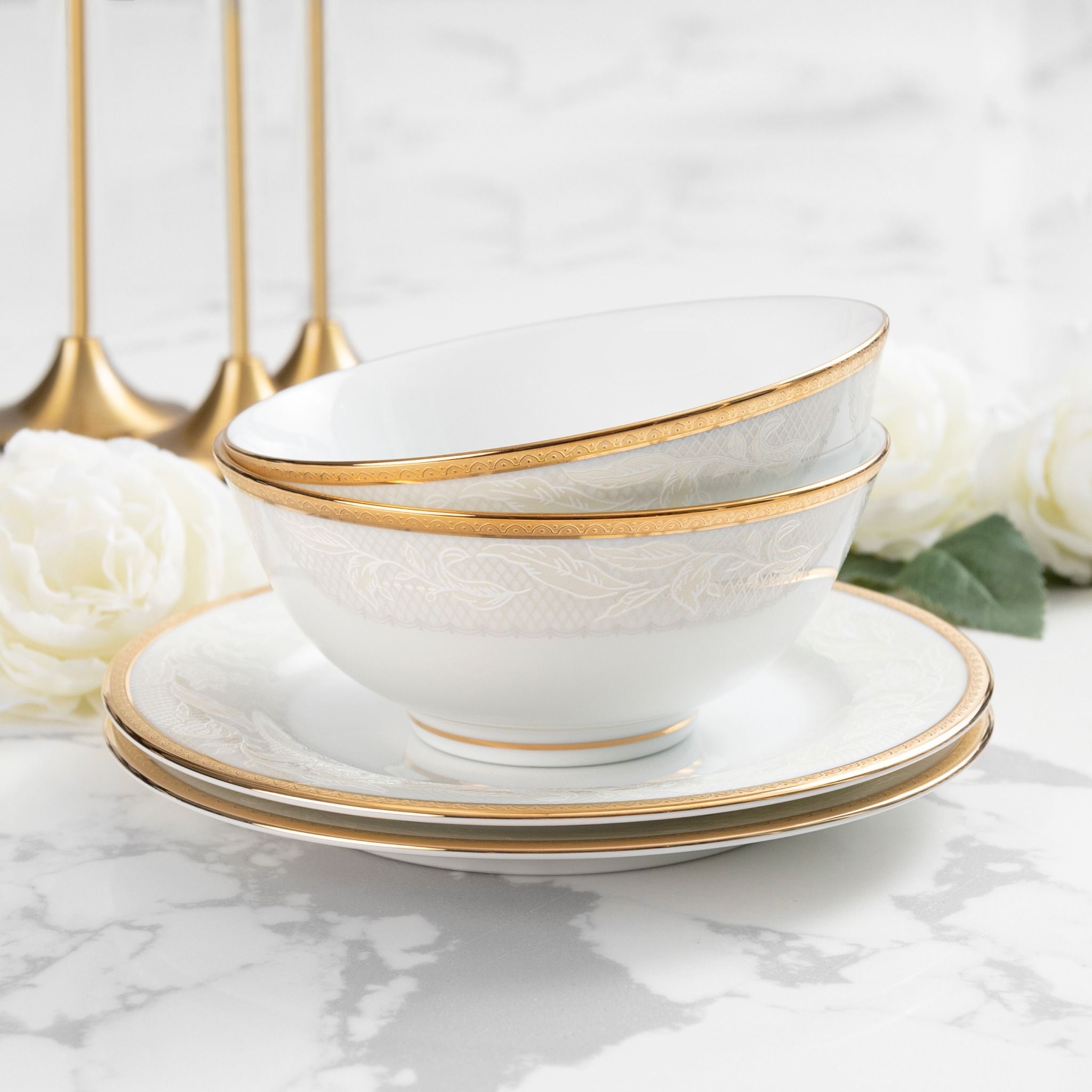 Bộ bát đĩa ăn châu Á cơ bản 22 món (cho 6 người) sứ trắng | Noritake Flanders Gold 1714L - D022AB
