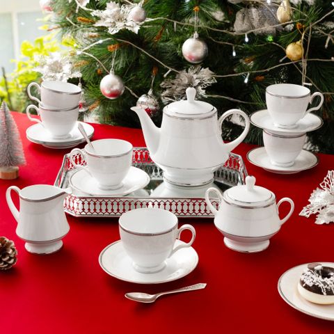  Bộ ấm chén uống trà (ấm 1.200ml, chén 250ml) 15 món sứ trắng | Noritake Flanders Platinum 1715L - T017A 