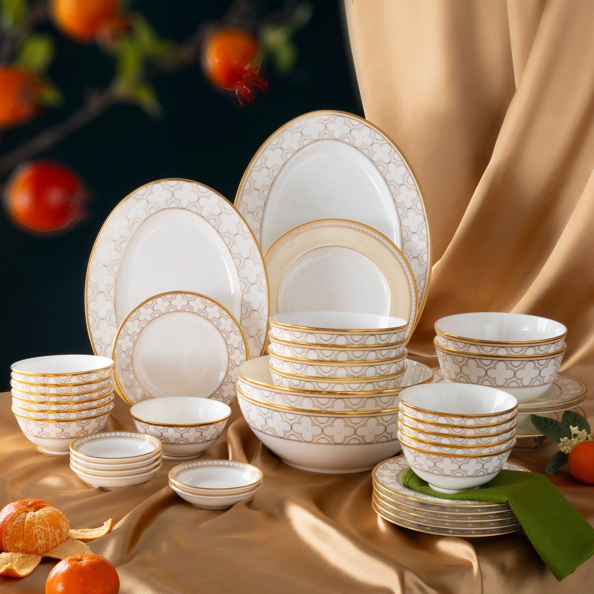 Bộ bát đĩa ăn châu Á đầy đủ 38 món (cho 6 người) sứ xương | Noritake Trefolio Gold 4945L - D038AD