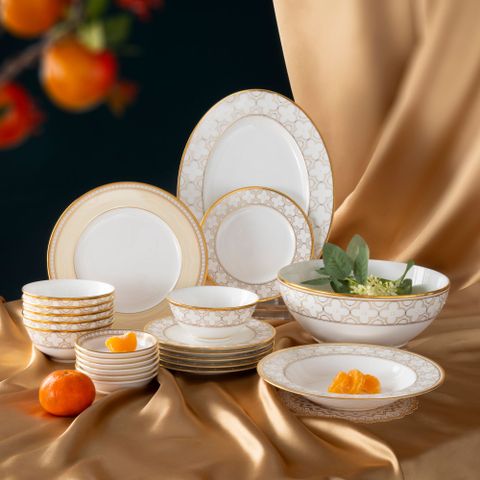  Bộ bát đĩa ăn châu Á cơ bản 22 món (cho 6 người) sứ xương | Noritake Trefolio Gold 4945L - D022AB 